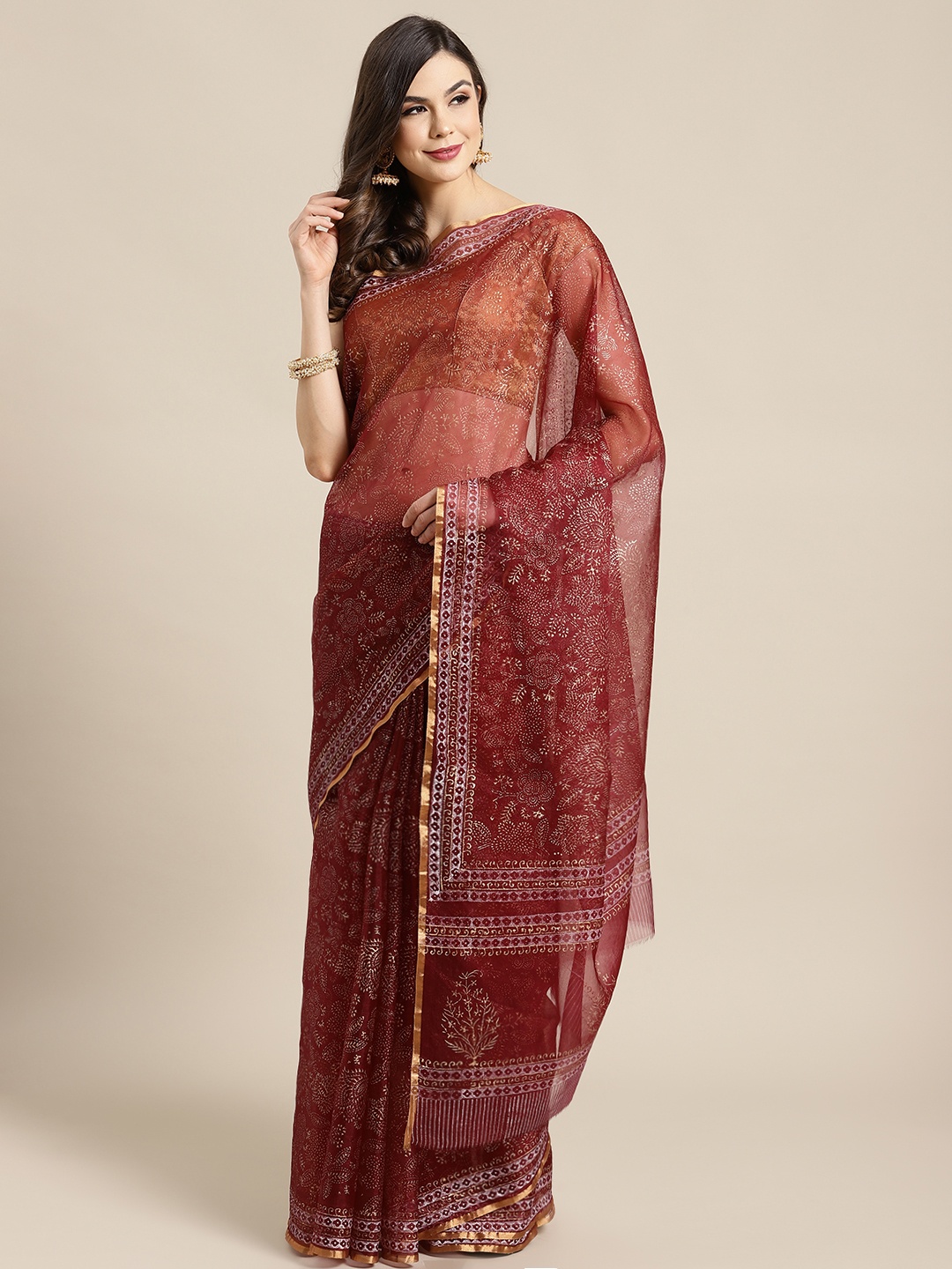 

Kalakari India Maroon & Golden Printed Bagru Handloom Saree