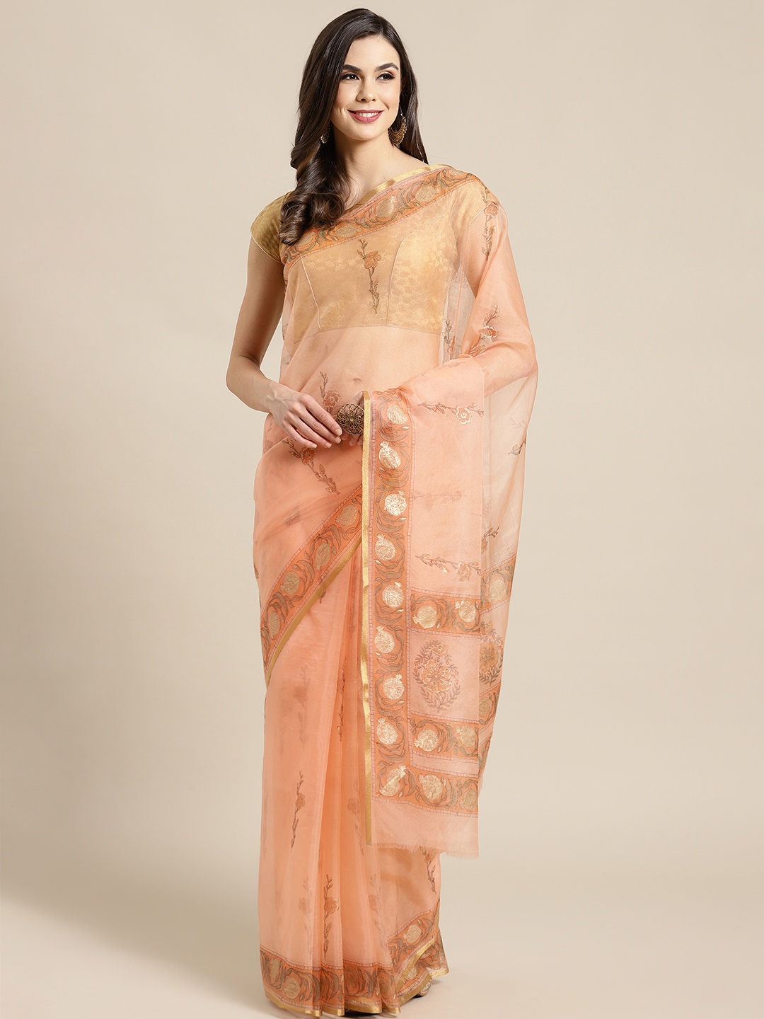 

Kalakari India Peach-Coloured & Black Printed Bagru Handloom Saree