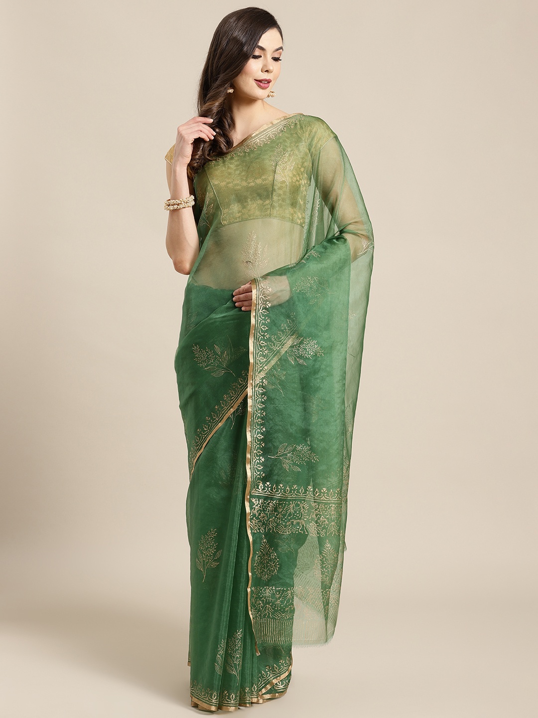 

Kalakari India Green & Golden Printed Bagru Handloom Saree