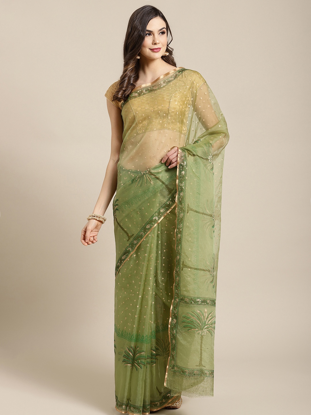 

Kalakari India Green & Golden Printed Bagru Handloom Saree