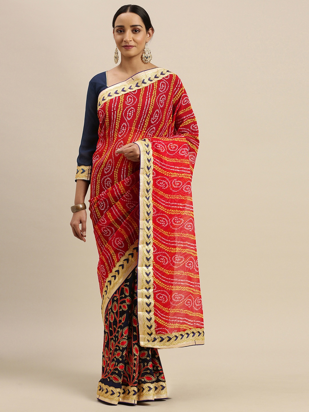 

Mitera Red & Navy Blue Pure Georgette Embroidered Saree