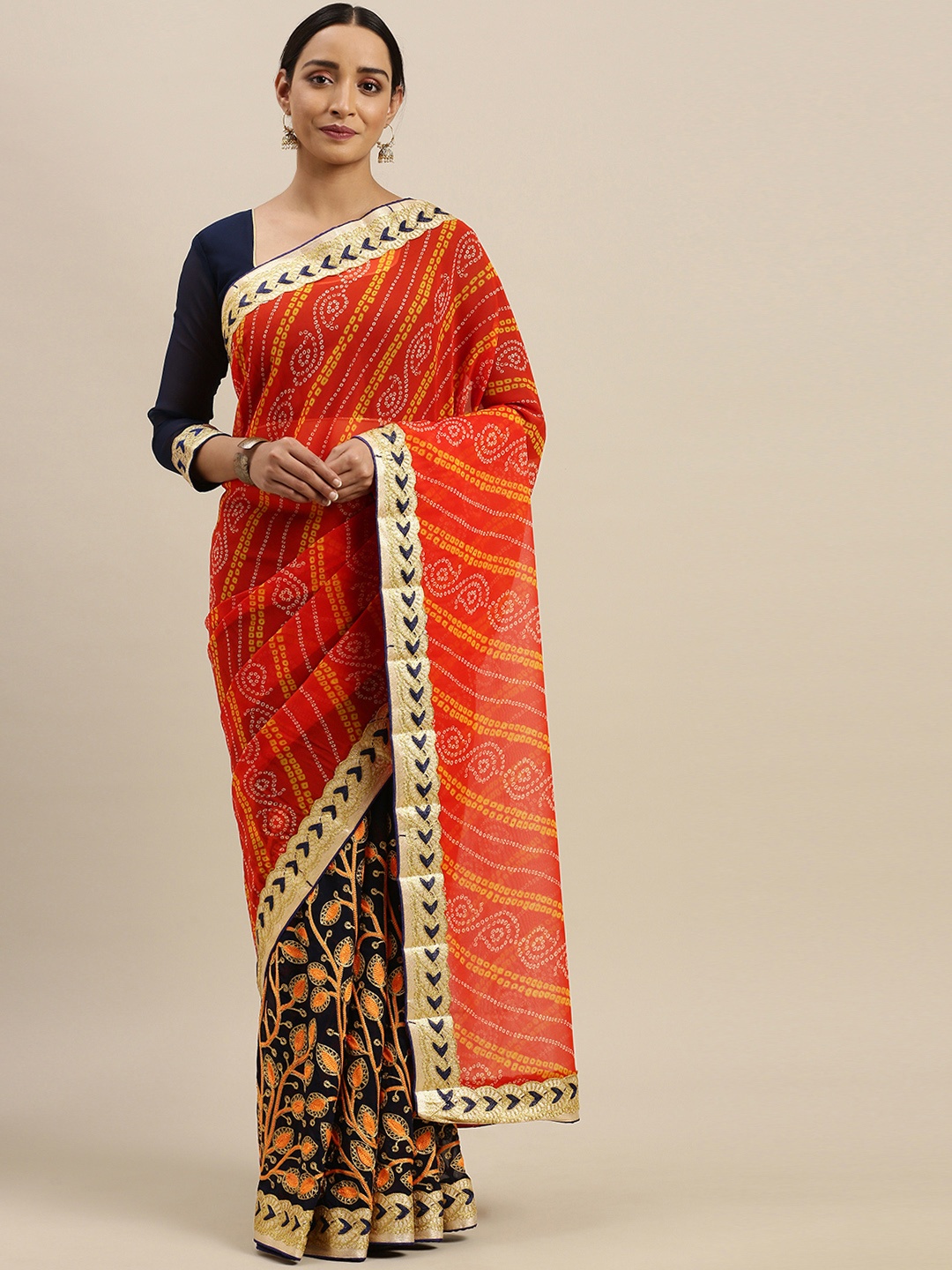 

Mitera Orange & Navy Blue Pure Georgette Embroidered Saree