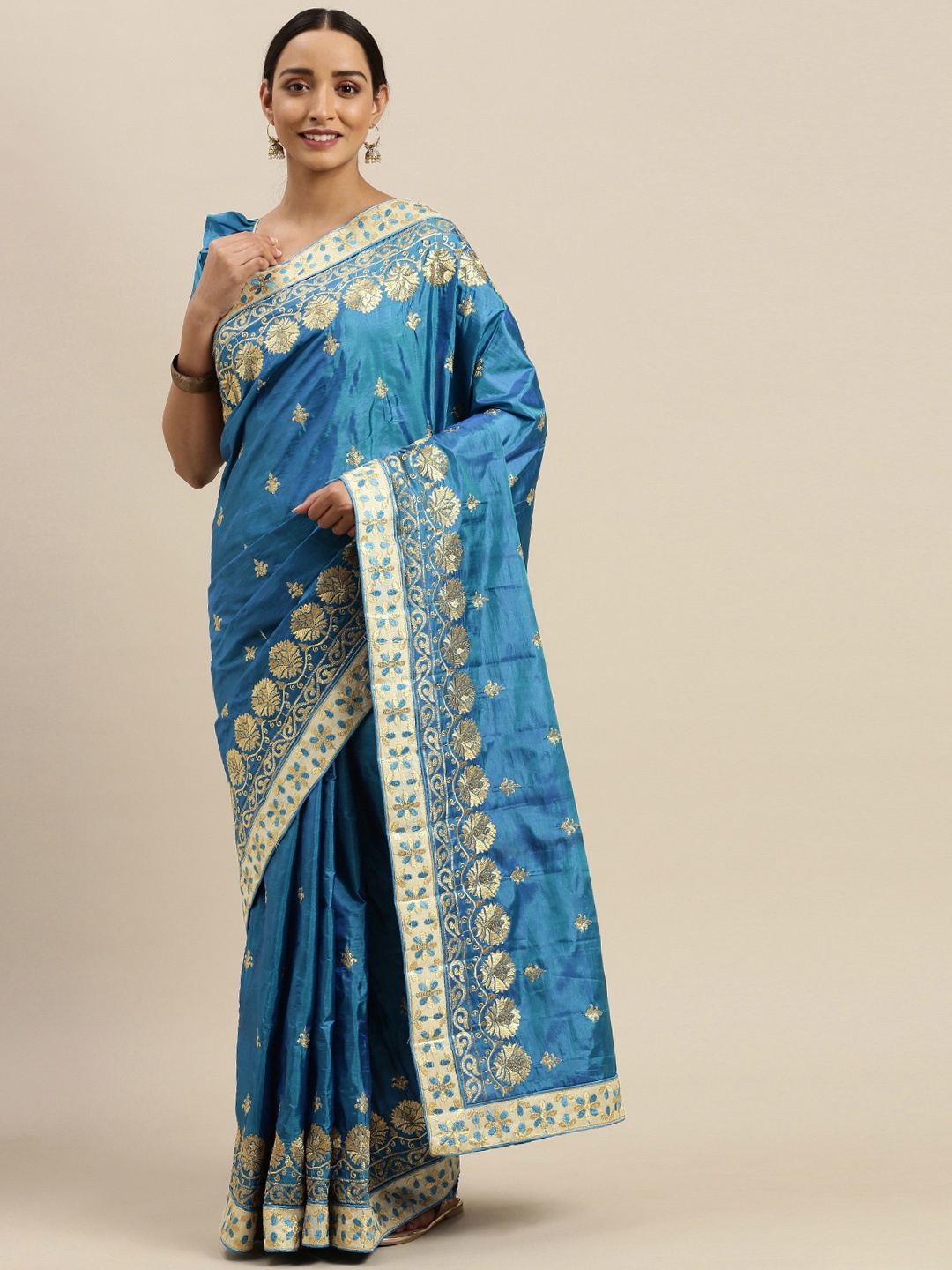 

Mitera Blue & Gold-Toned Silk Blend Embroidered Saree