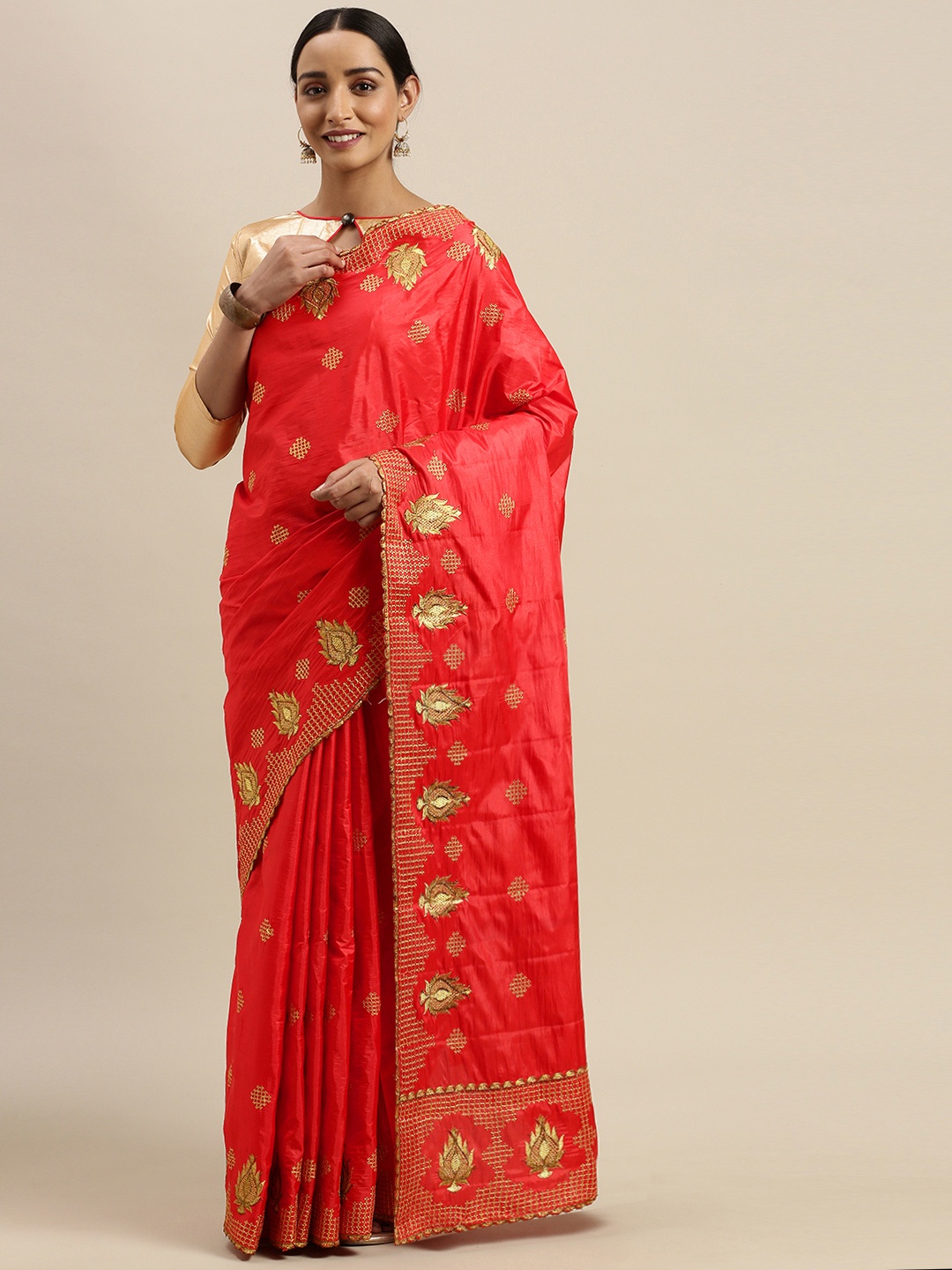 

Mitera Red & Gold-Toned Silk Blend Embroidered Saree