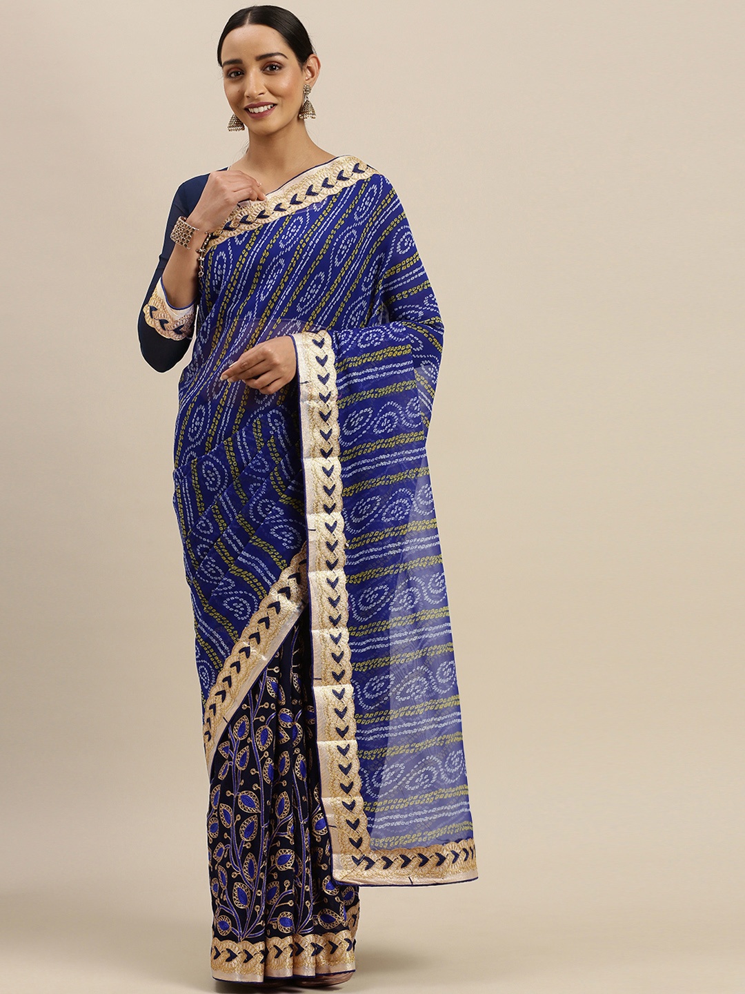 

Mitera Navy Blue & Mustard Yellow Pure Georgette Embroidered Saree
