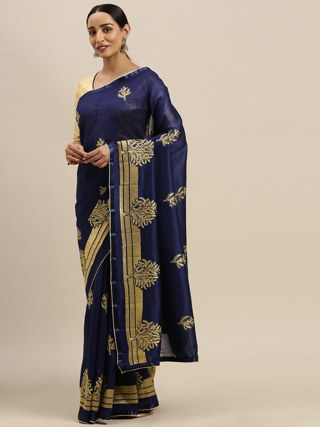 

Mitera Navy Blue & Gold-Coloured Embroidered Saree