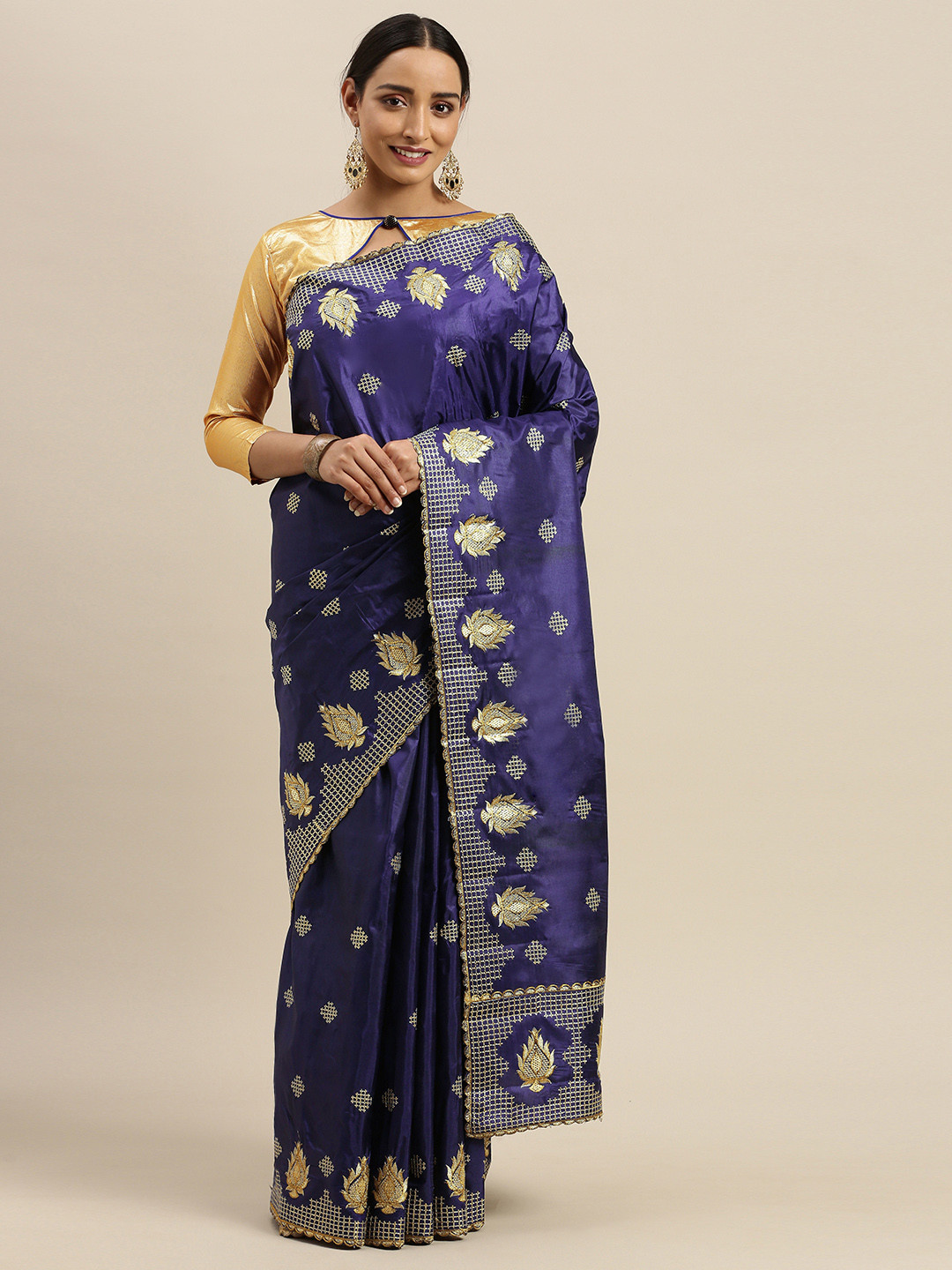 

Mitera Navy Blue & Gold-Toned Silk Blend Embroidered Saree