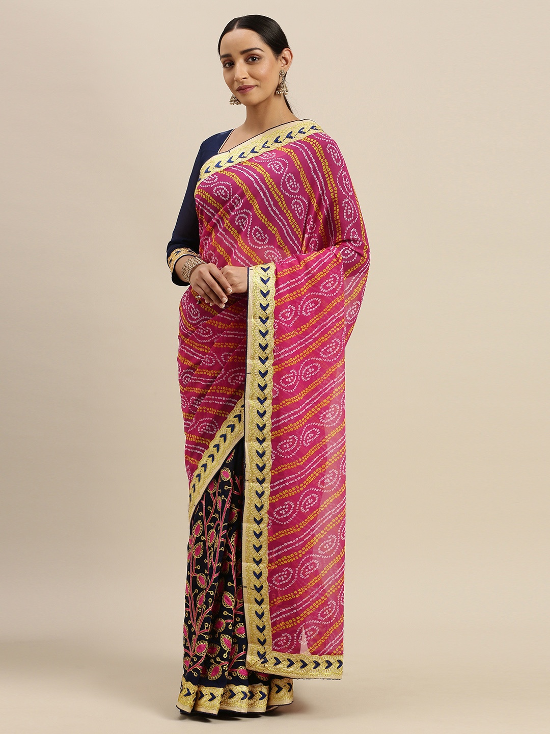 

Mitera Pink & Navy Blue Bandhani Printed Half & Half Saree