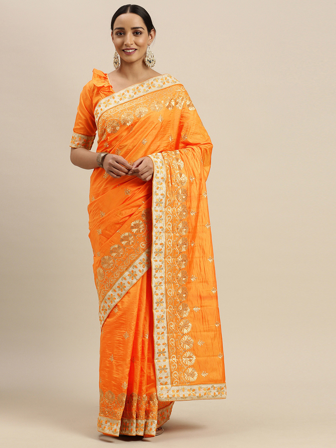 

Mitera Orange & Gold-Toned Silk Blend Embroidered Saree