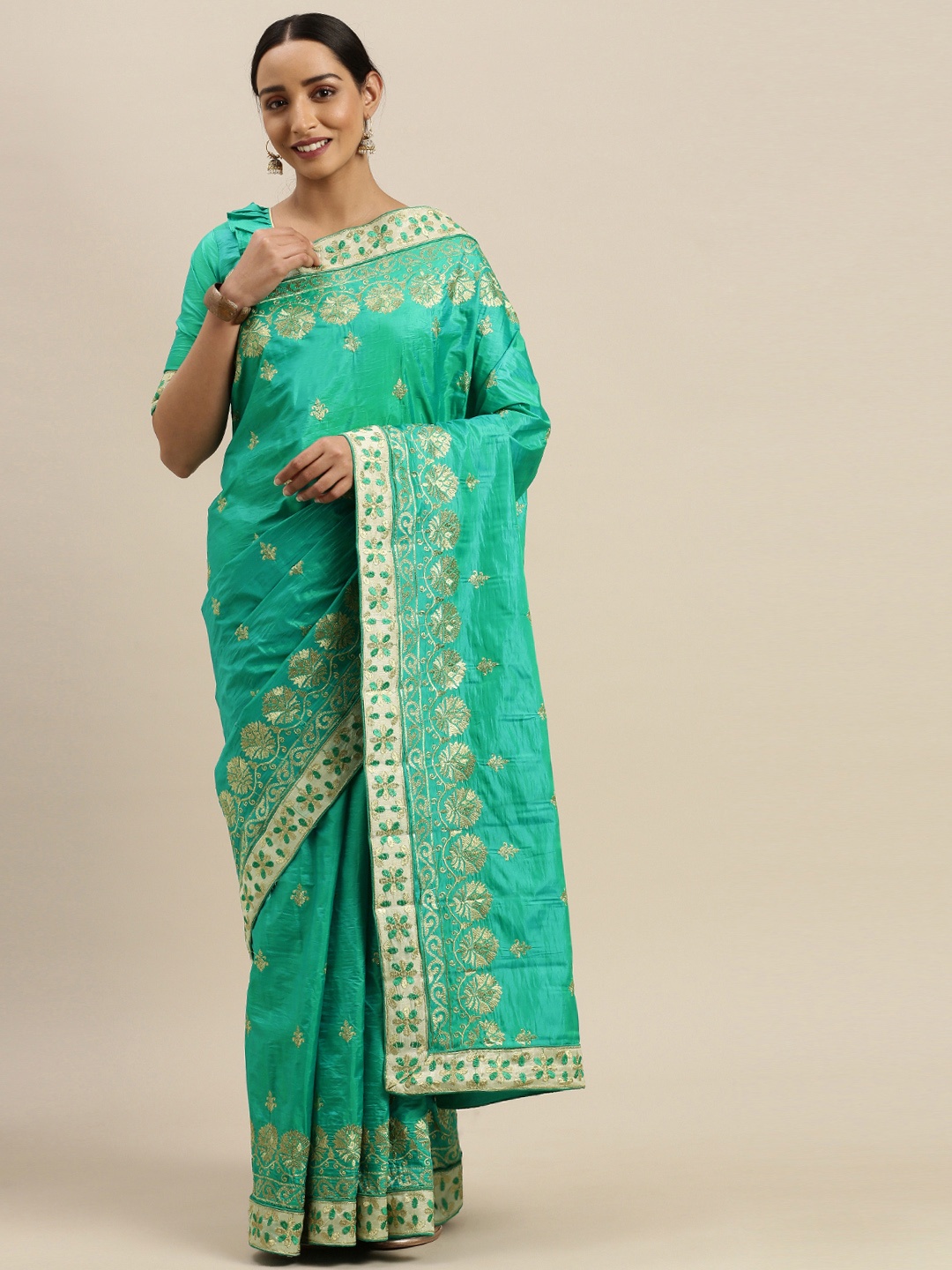 

Mitera Green & Gold-Toned Silk Blend Embroidered Saree