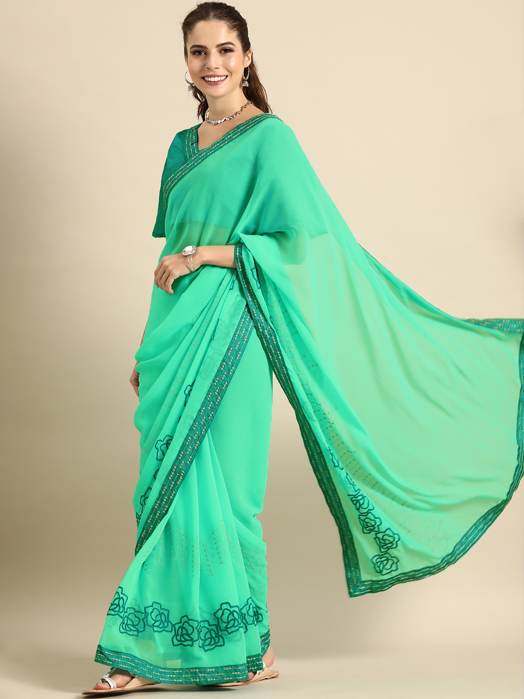Sangria Green Embroidered Pure Georgette Saree