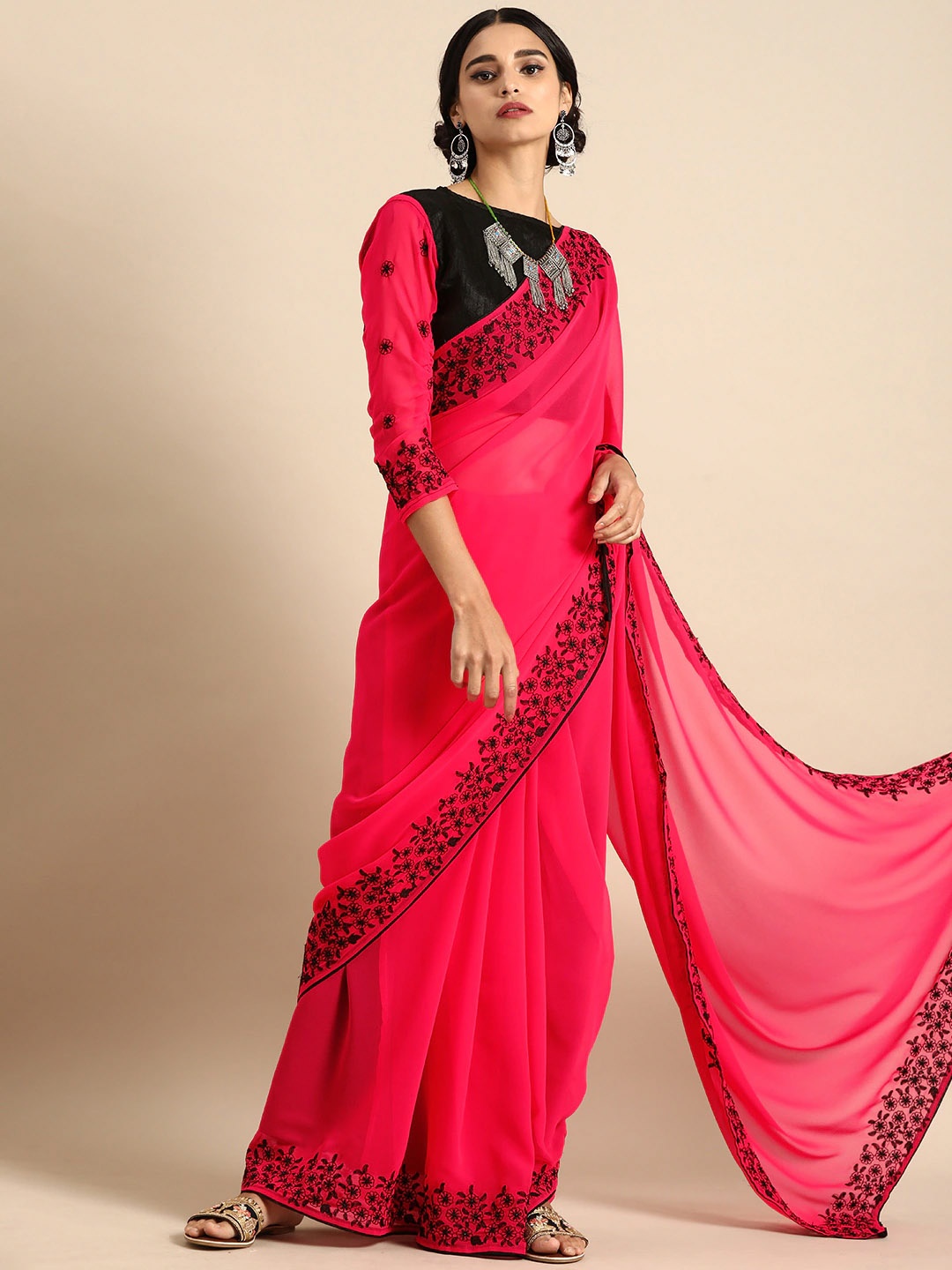 

Sangria Pink & Black Pure Georgette Embroidered Saree