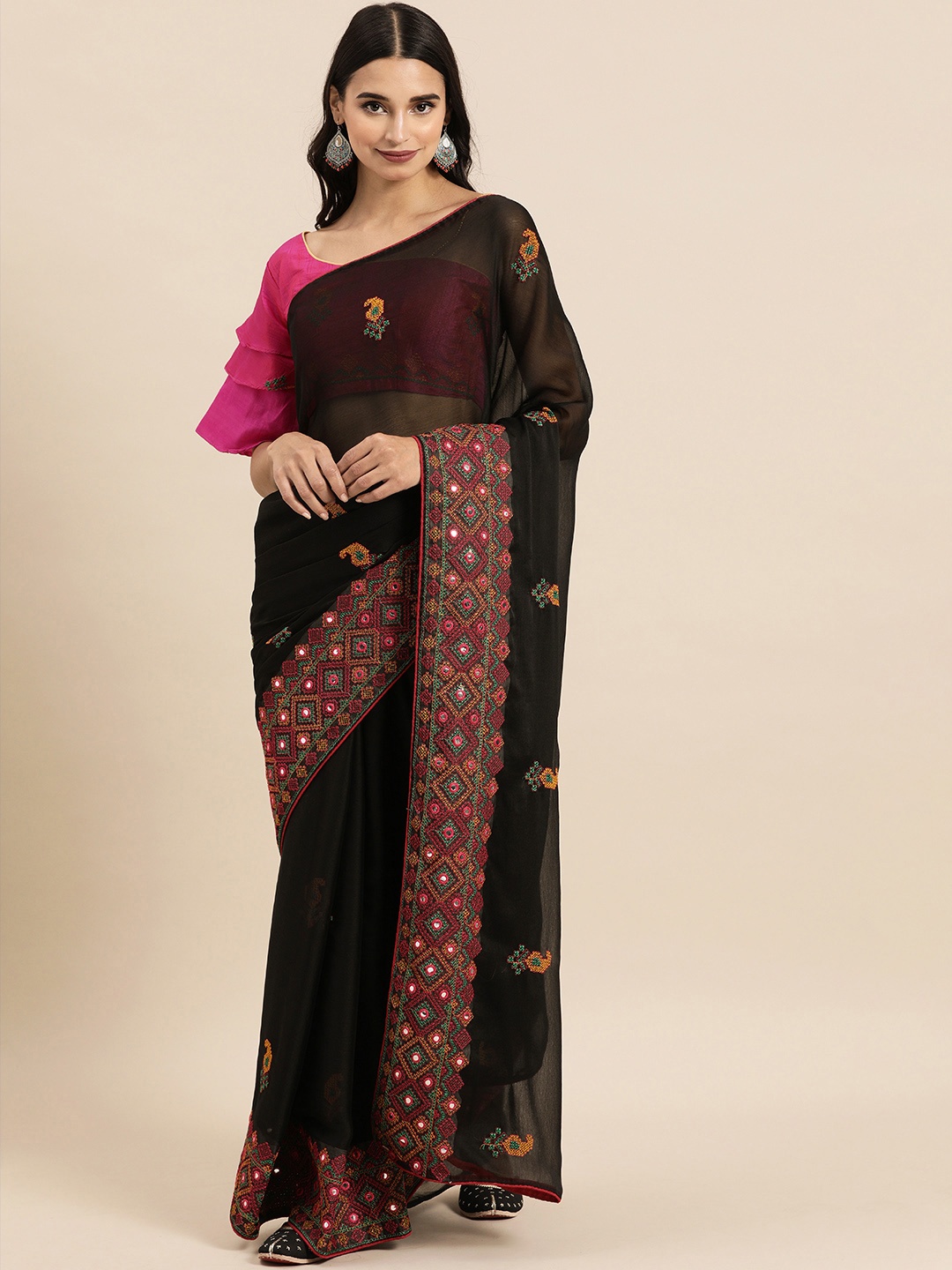 

Sangria Black & Mustard Yellow Pure Chiffon Embroidered Saree