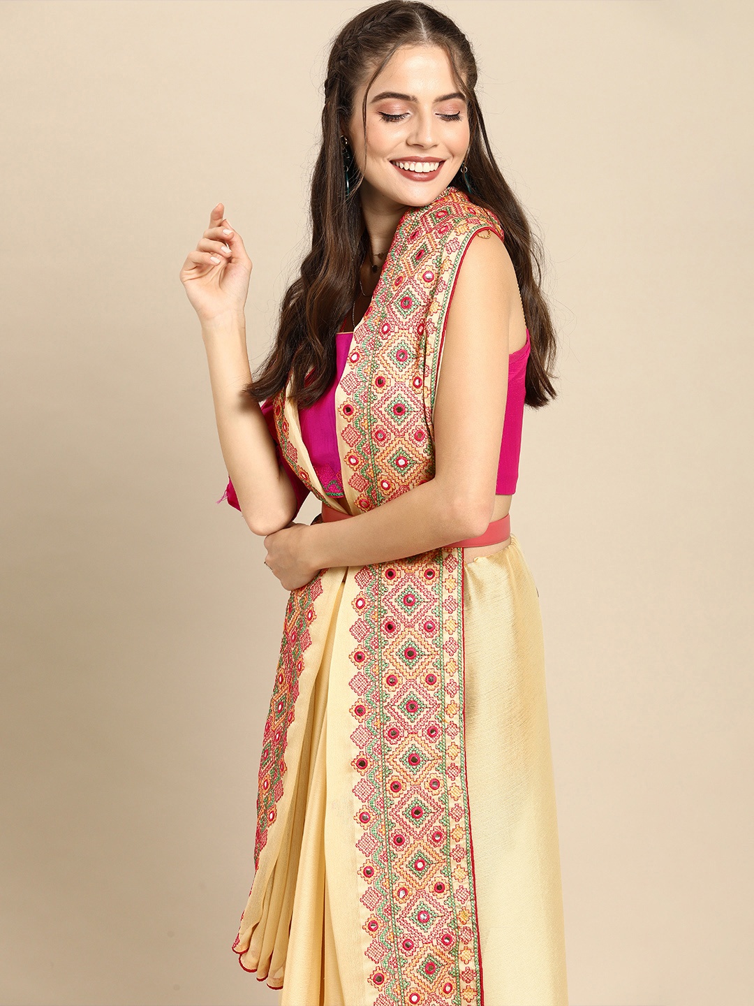 

Sangria Beige Embroidered Pure Chiffon Saree