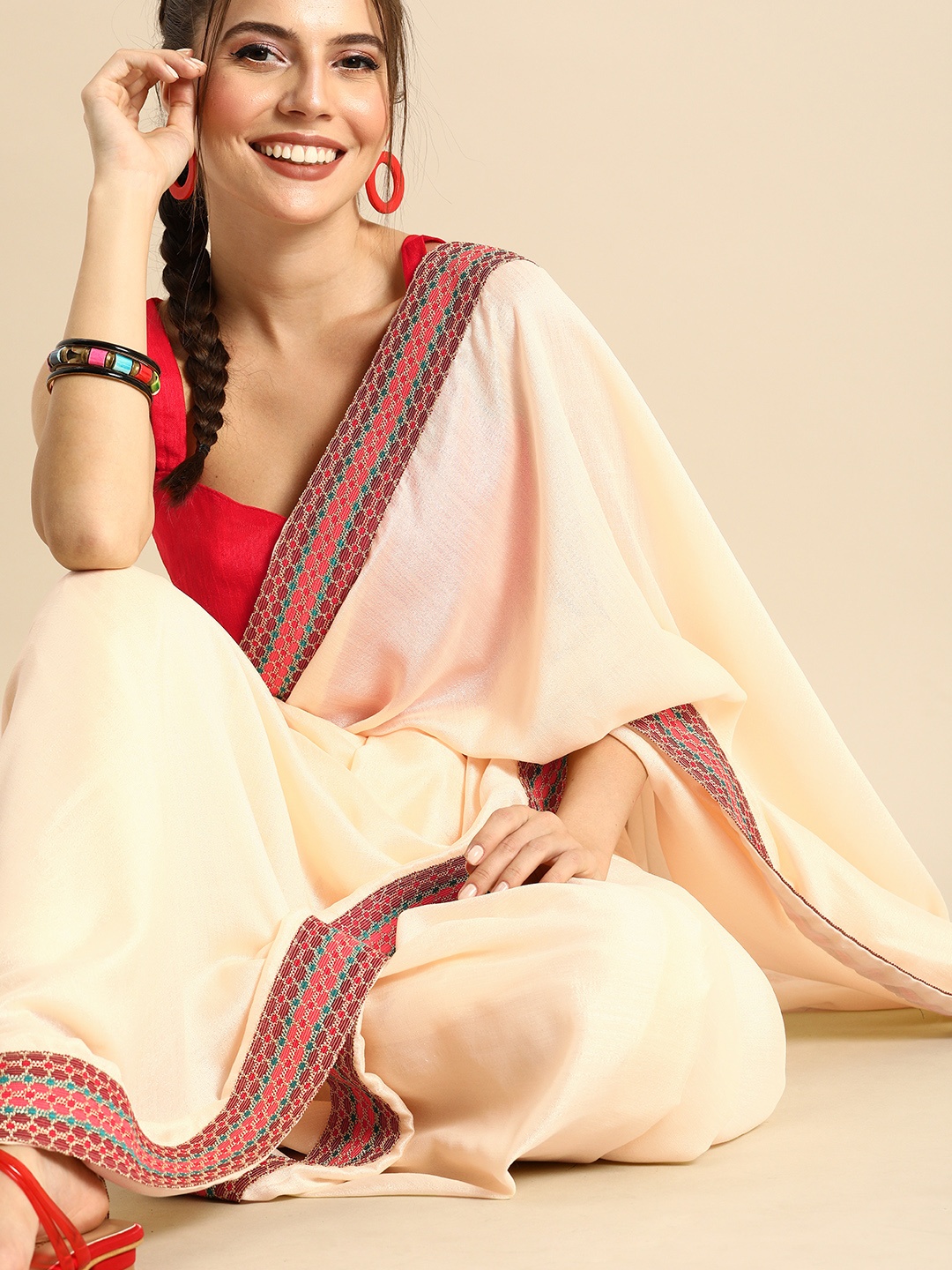 

Sangria Cream-Coloured Solid Dhoti Saree