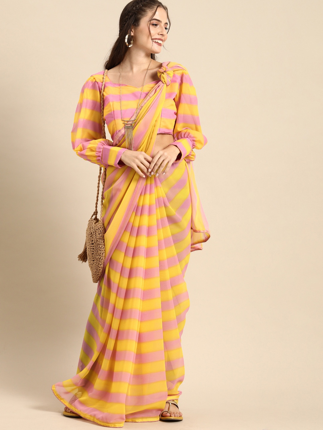 Sangria Orange & Pink Striped Saree