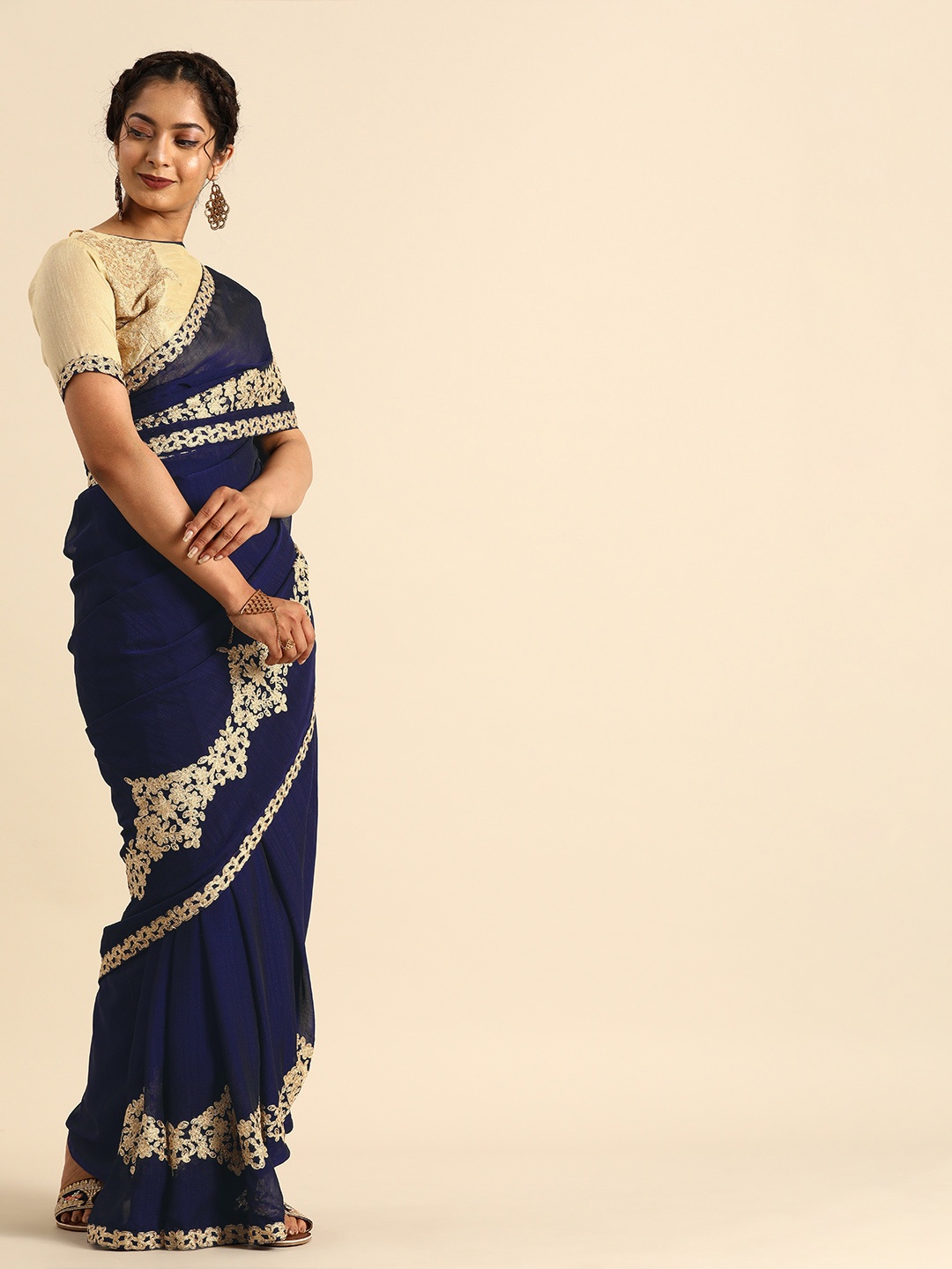 

Sangria Navy Blue Solid Pure Chiffon Saree