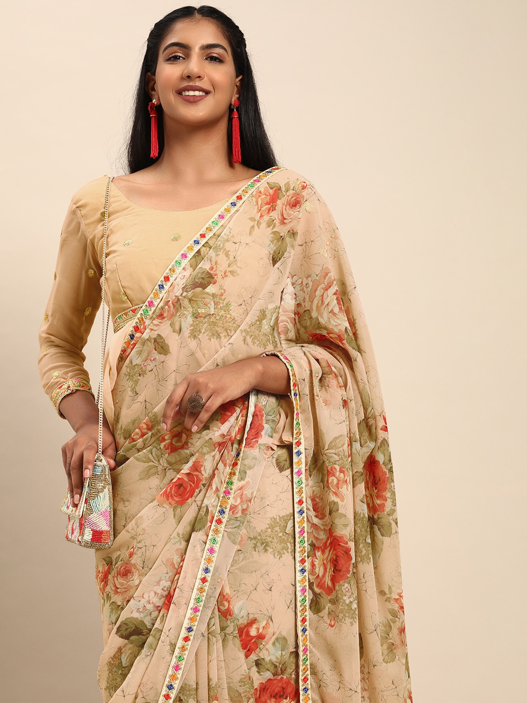 

Sangria Beige & Red Pure Georgette Floral Printed Saree