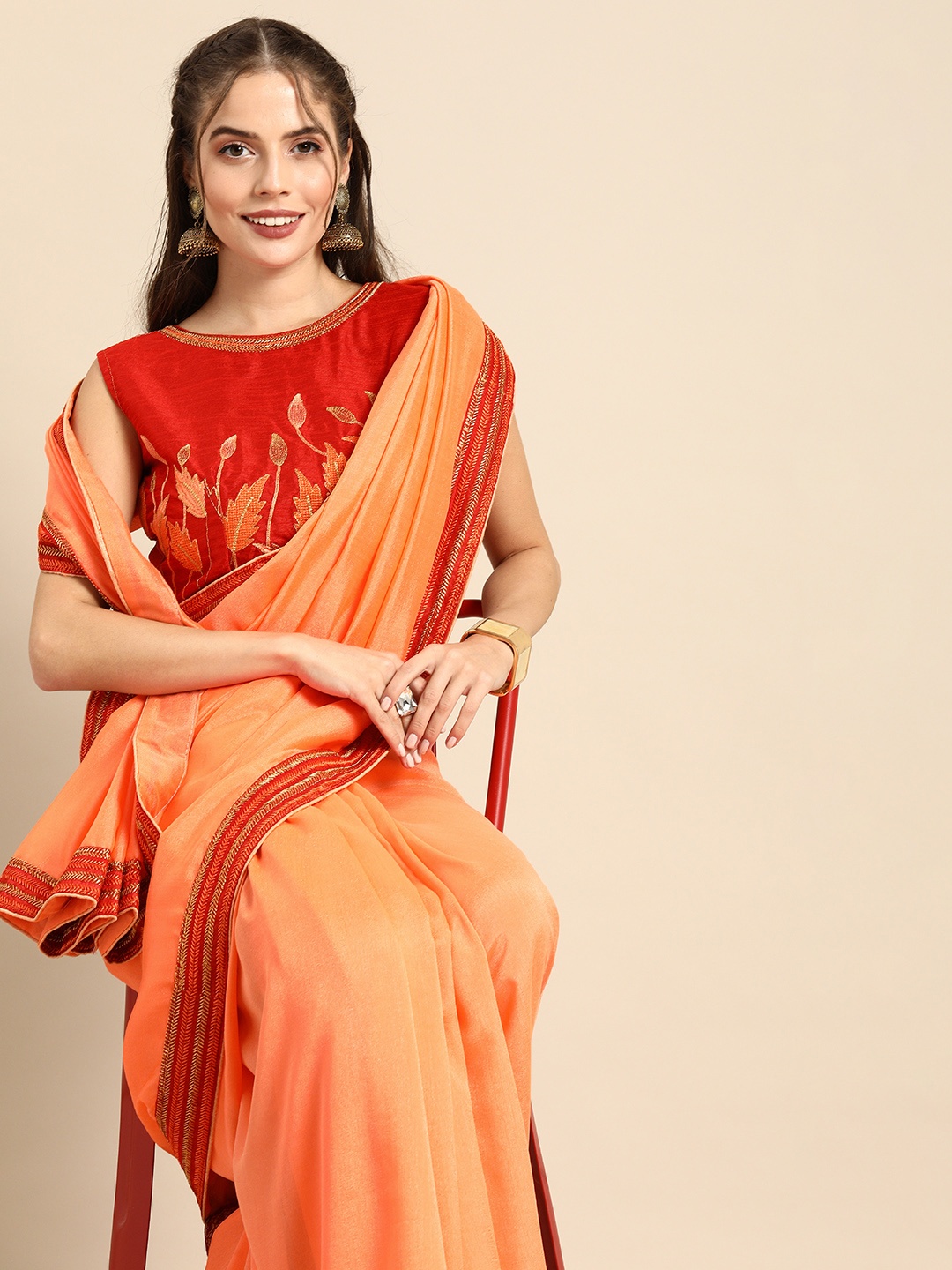 

Sangria Peach-Coloured Solid Silk Blend Saree