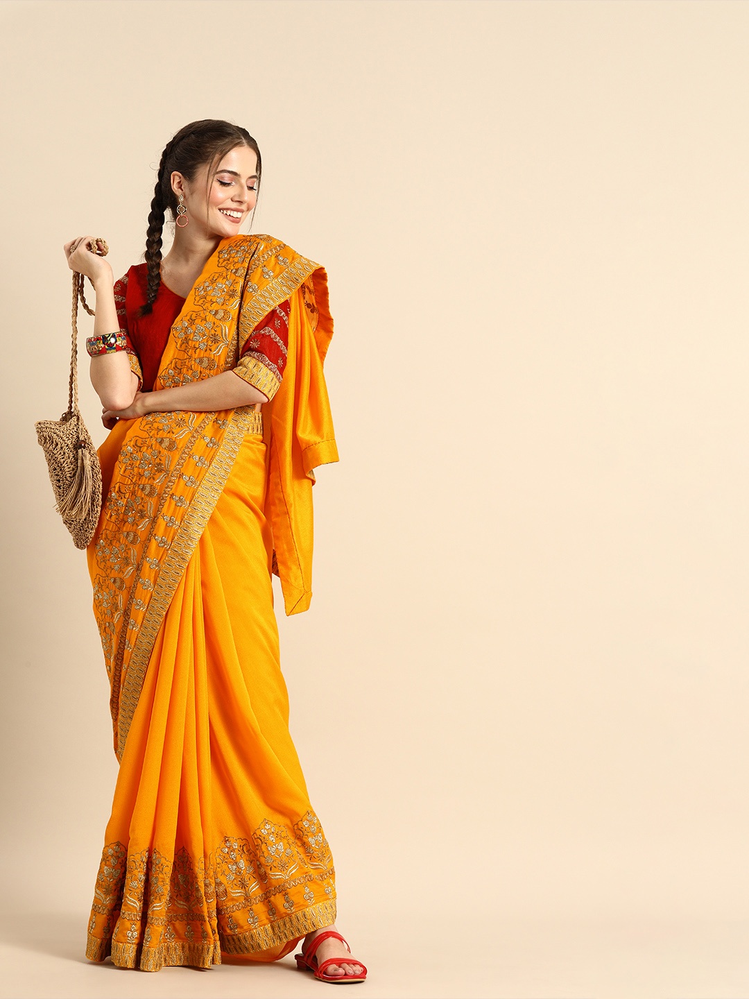 

Sangria Mustard Yellow Solid Silk Blend Saree