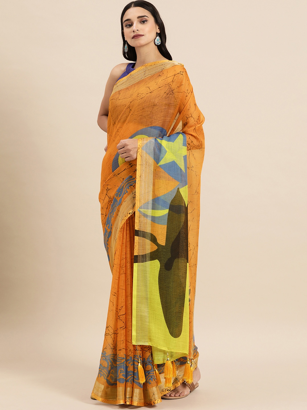 

Sangria Orange & Black Pure Linen Printed Saree, Mustard