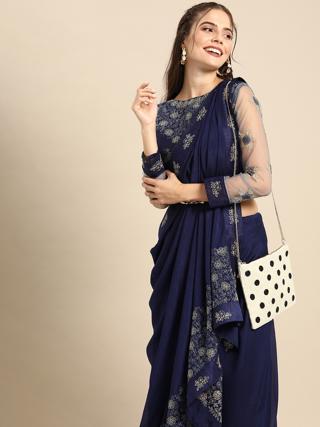 

Sangria Navy Blue Solid Silk Blend with Embroidered Border Saree