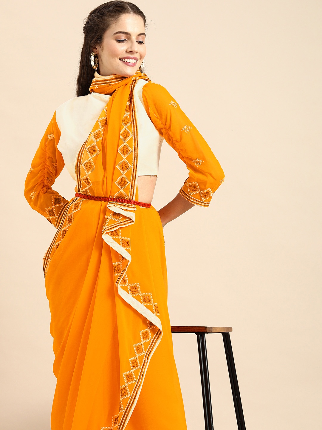 Sangria Mustard & White Embroidered Saree