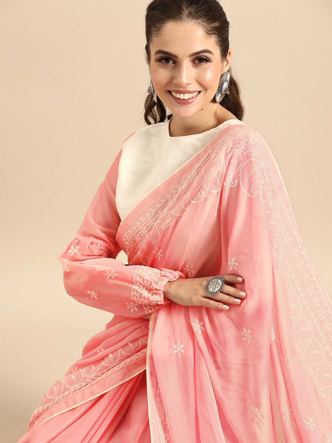 

Sangria Rose & Off-White Pure Chiffon Chikankari Embroidered Saree
