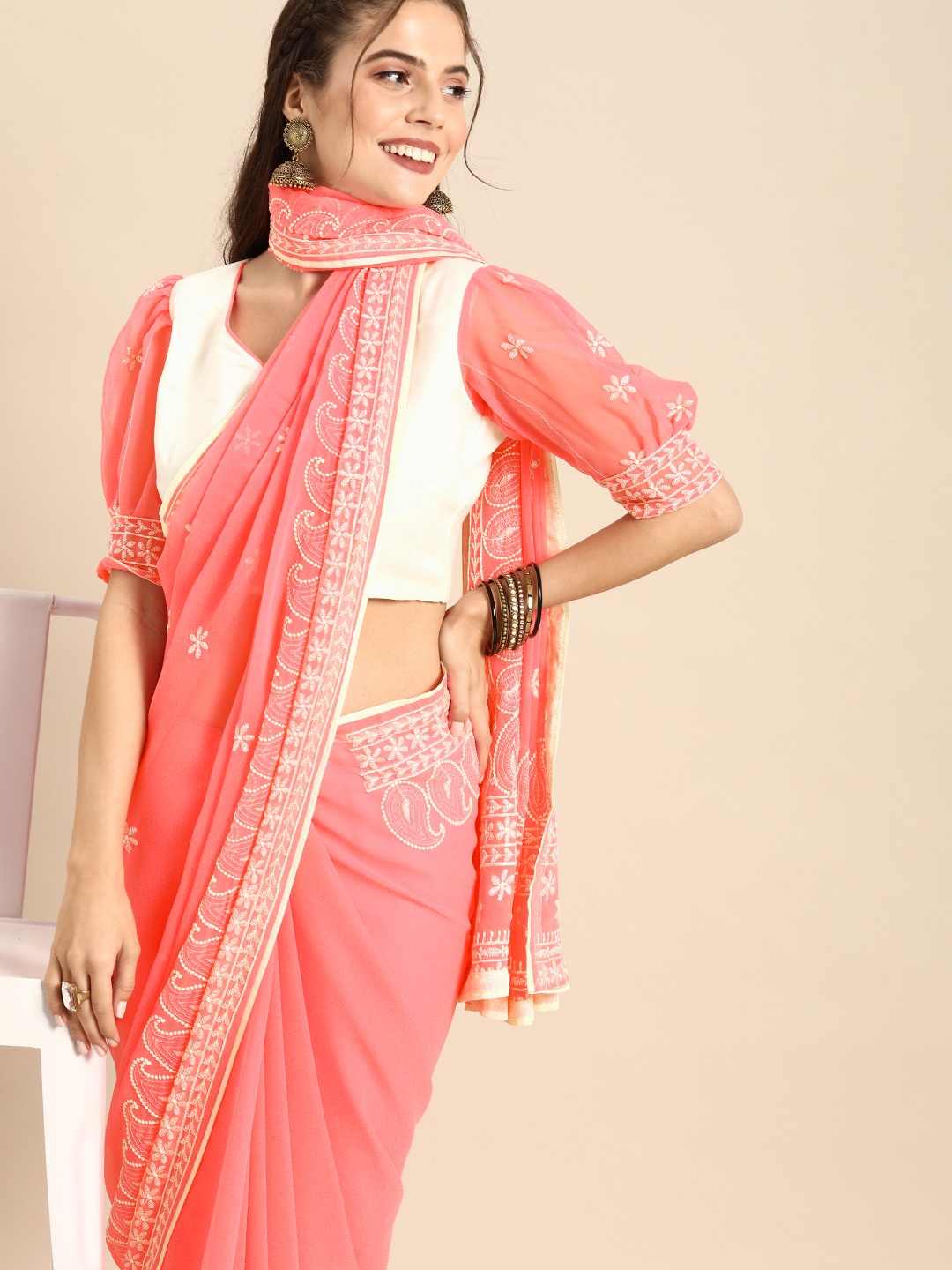 

Sangria Pink Chikankari Embroidered Pure Georgette Saree