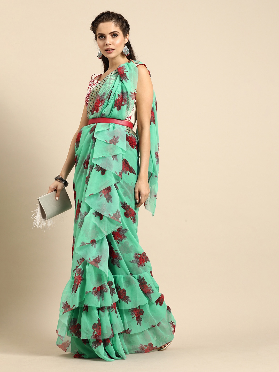

Sangria Sea Green & Maroon Pure Georgette Floral Printed Ruffled Saree
