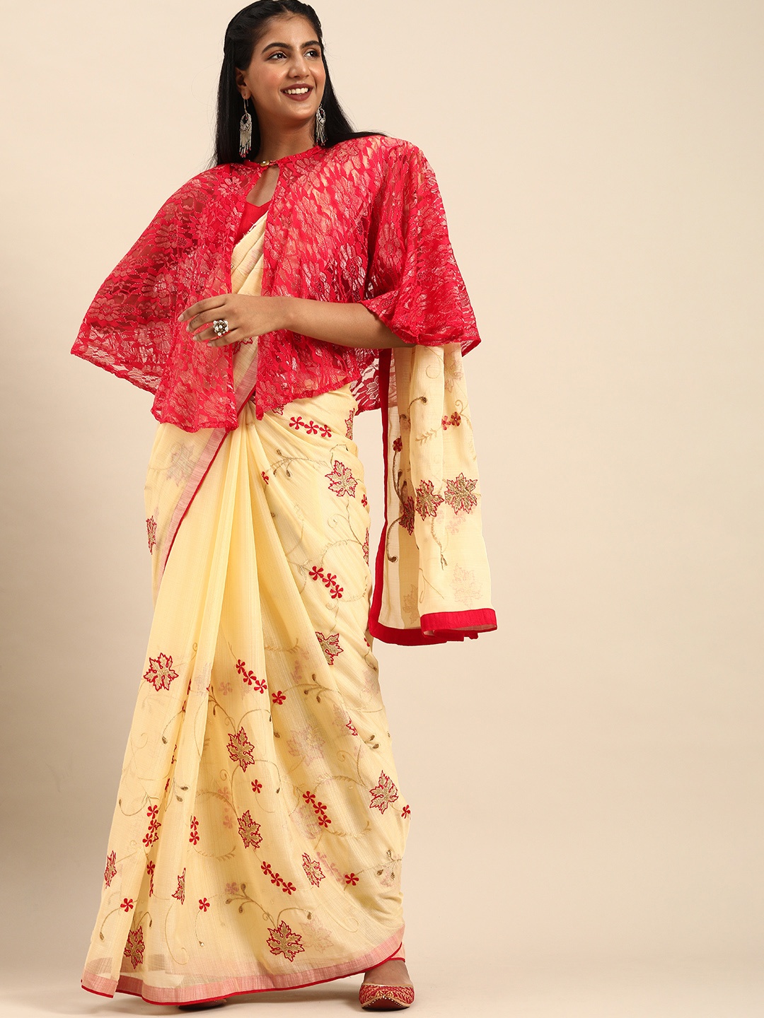 

Sangria Cream-Coloured & Red Silk Blend Embroidered Saree With Detachable Cape