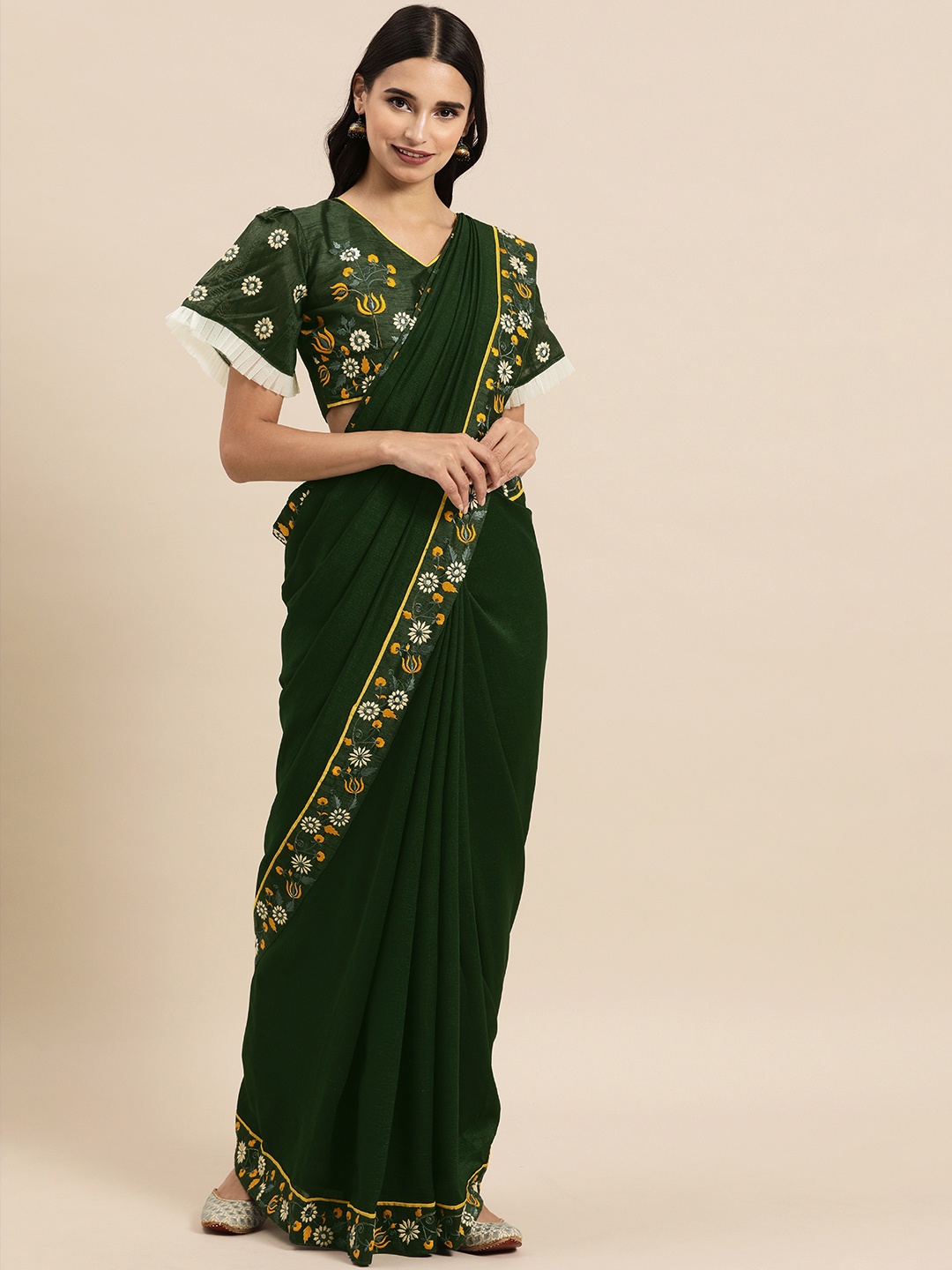 

Sangria Green Solid Silk Blend Saree