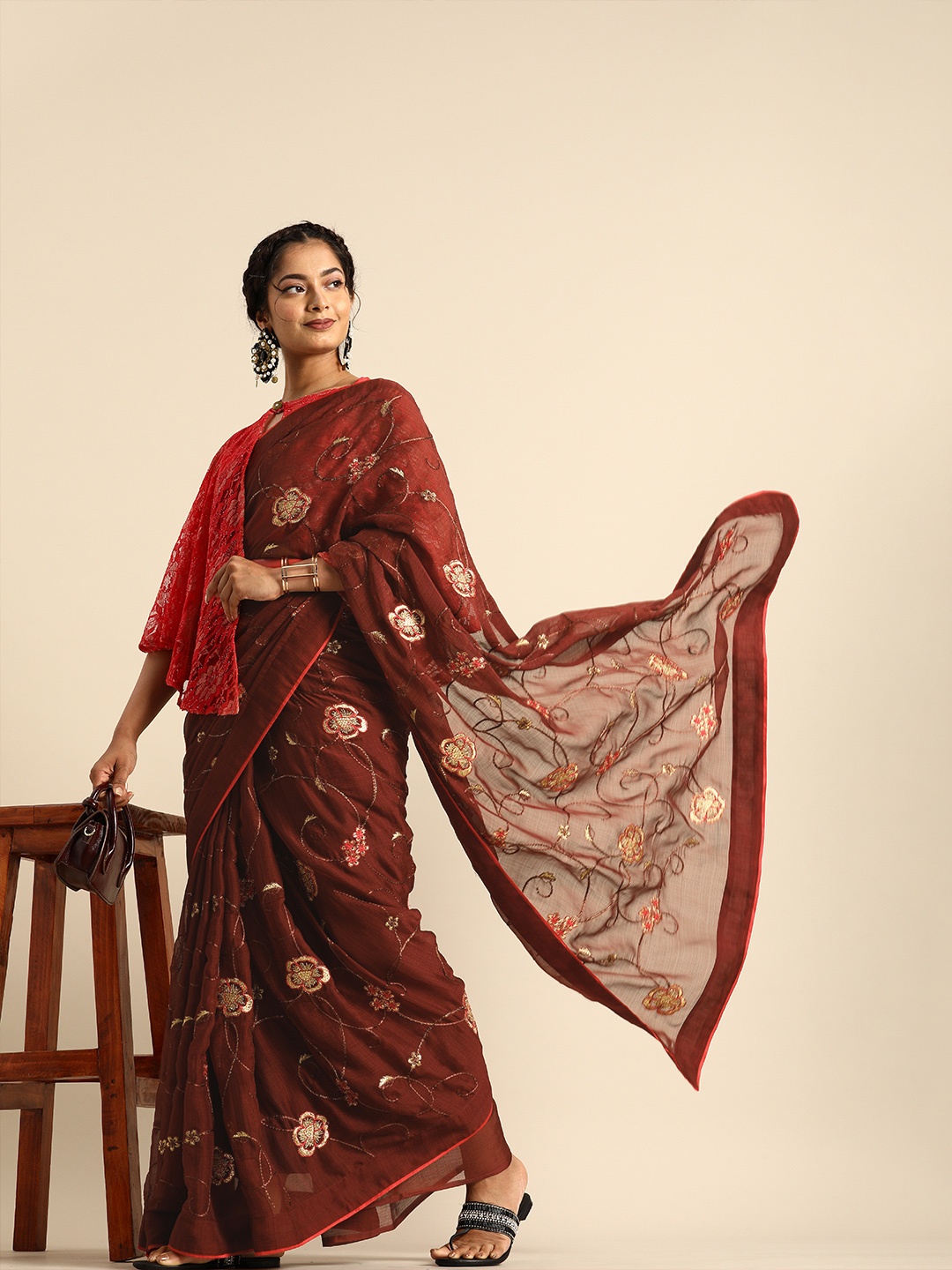 

Sangria Coffee Brown & Red Embroidered Saree