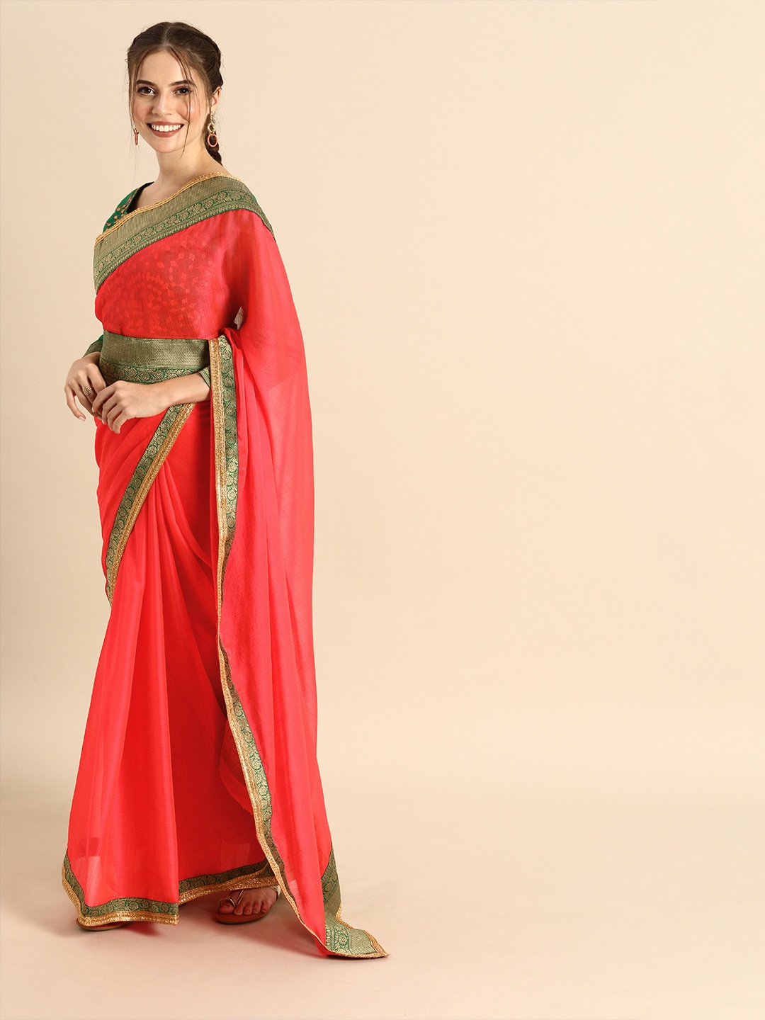 

Sangria Coral Red Solid Pure Chiffon Saree