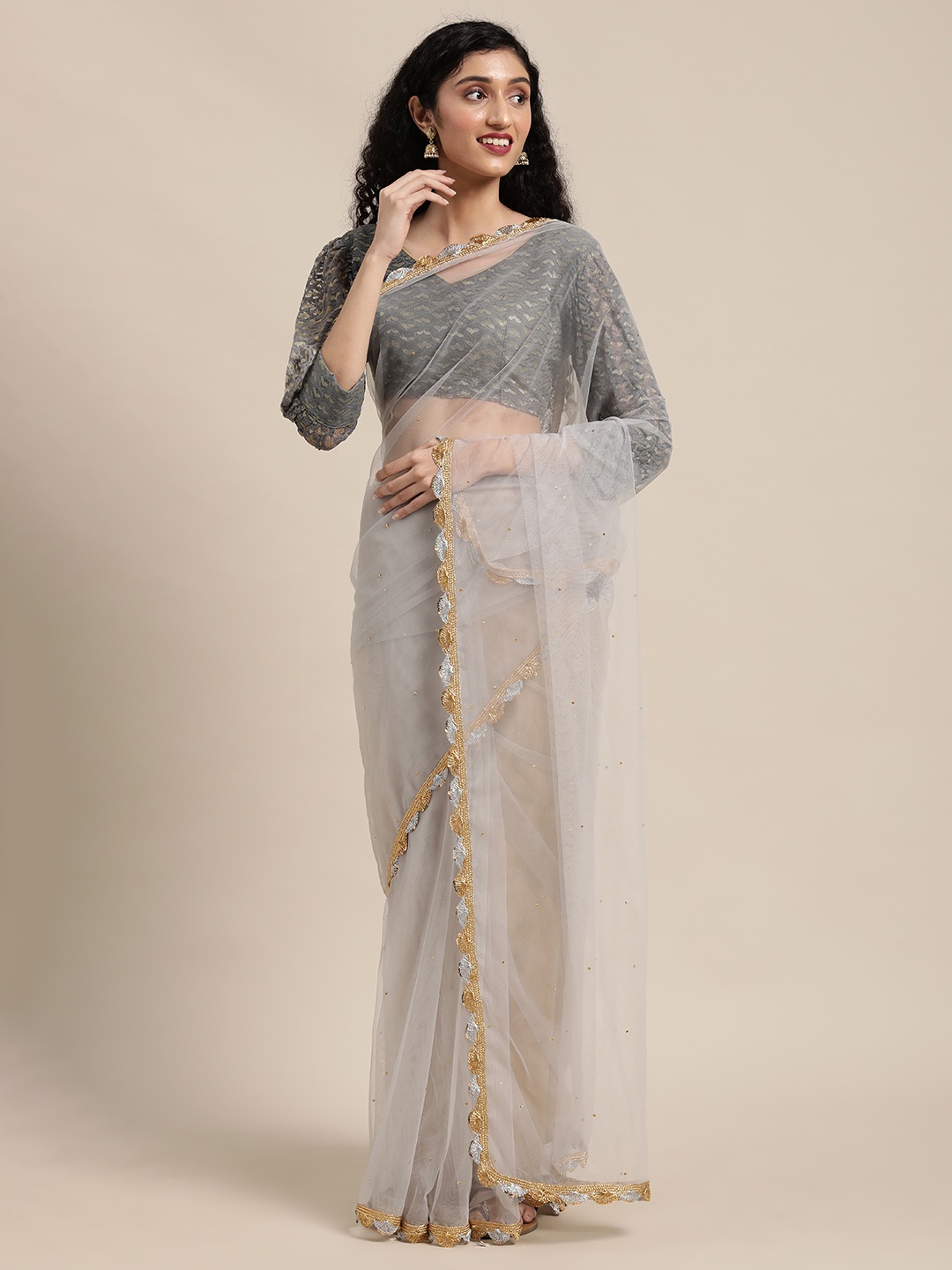

Sangria Grey Embroidered Net Saree