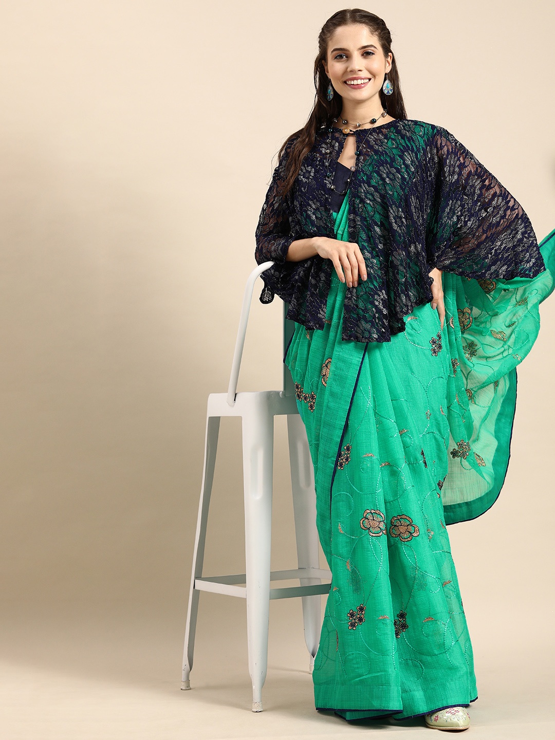 

Sangria Green & Navy Blue Silk Blend Embroidered Saree