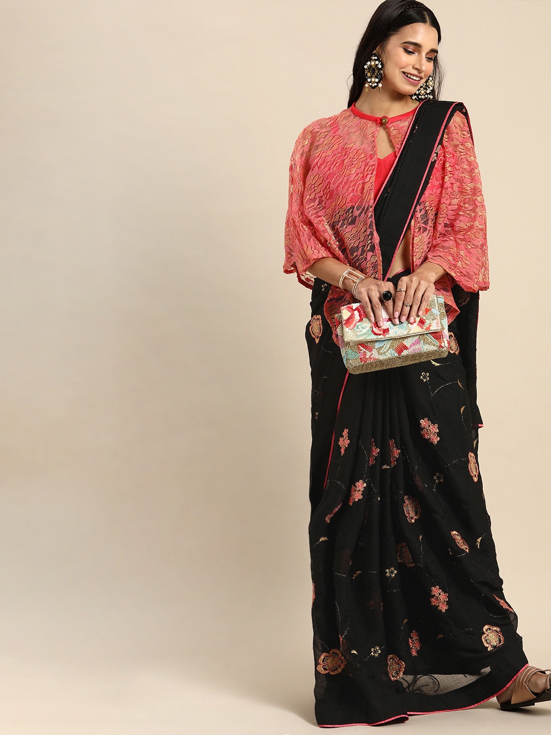 

Sangria Black & Peach-Coloured Embroidered Celebrity Saree