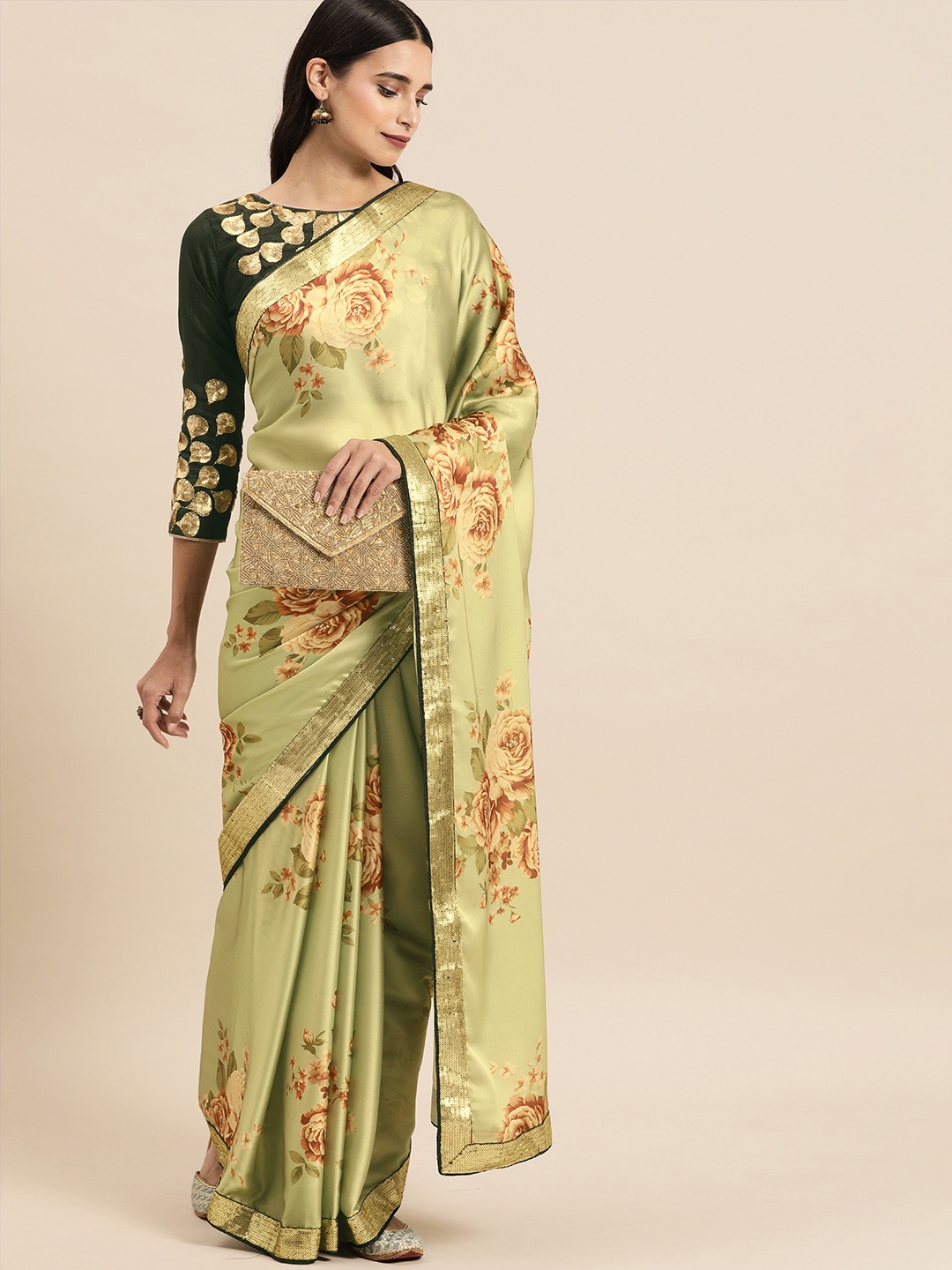 

Sangria Green & Brown Satin Floral Printed Saree