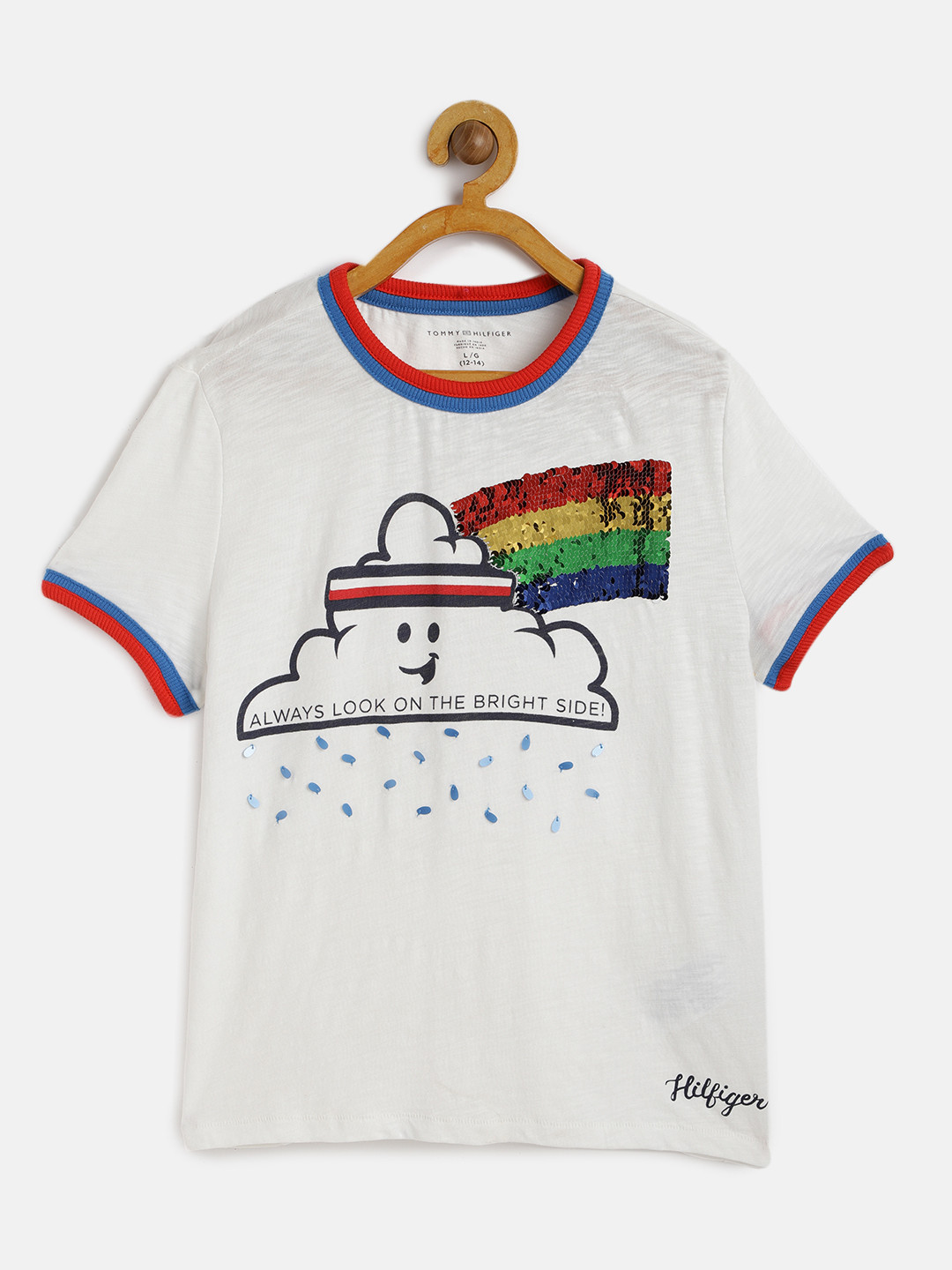 

Tommy Hilfiger White Flip Sequinned KG SS NAGUABO FASHION Pure Cotton Regular Top