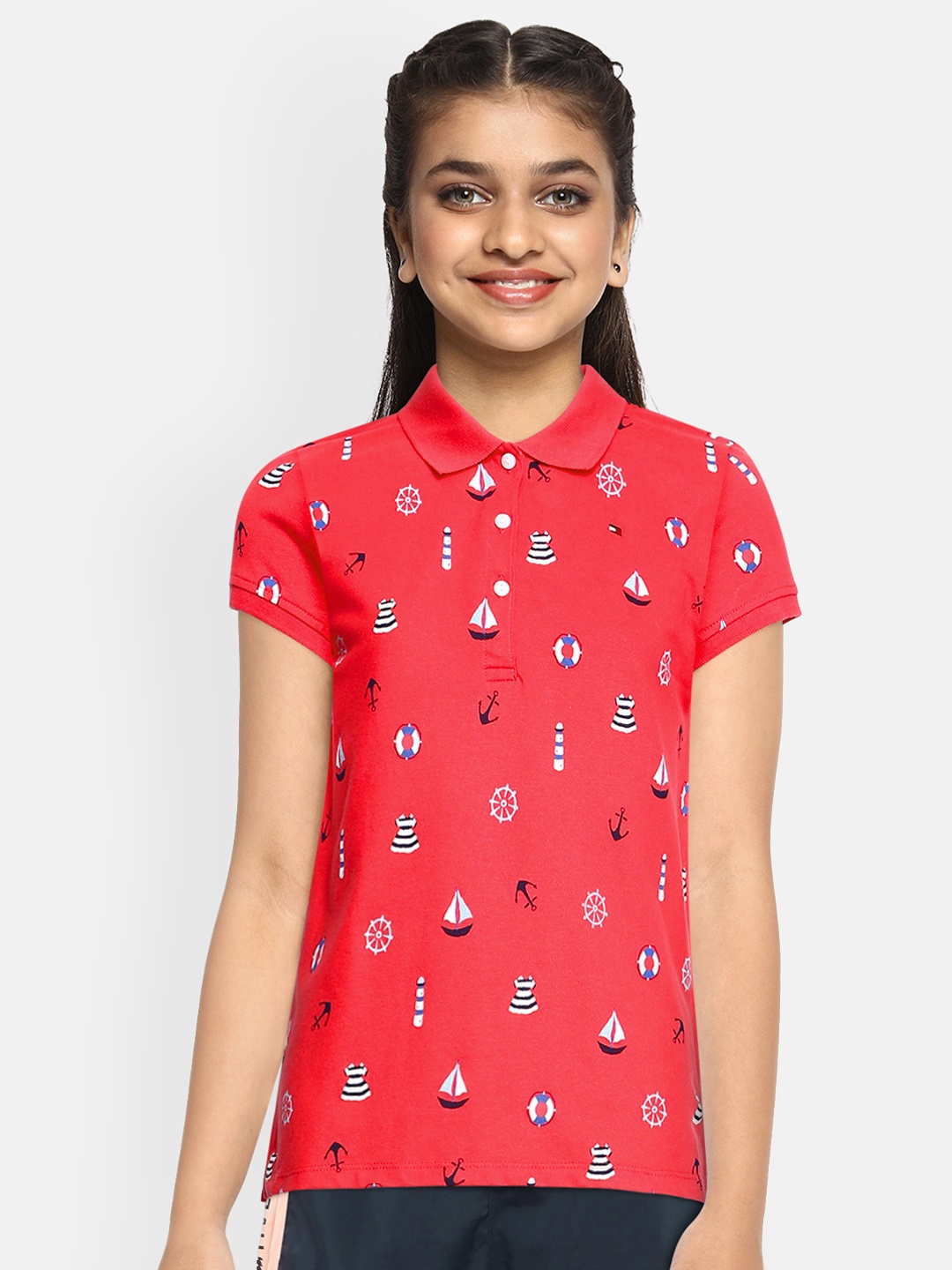

Tommy Hilfiger Girls Red Printed Pure Cotton Polo Collar T-shirt