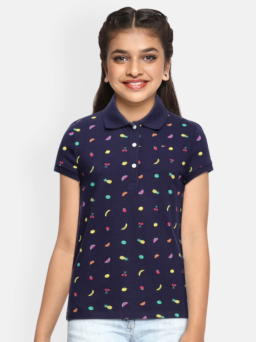 

Tommy Hilfiger Girls Navy Blue Printed Polo Collar T-shirt