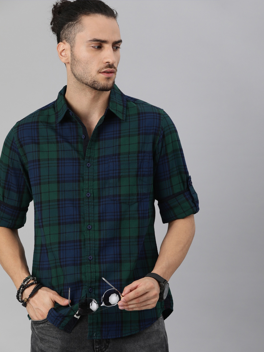 

Roadster Men Blue & Green Tartan Checks Checked Casual Shirt