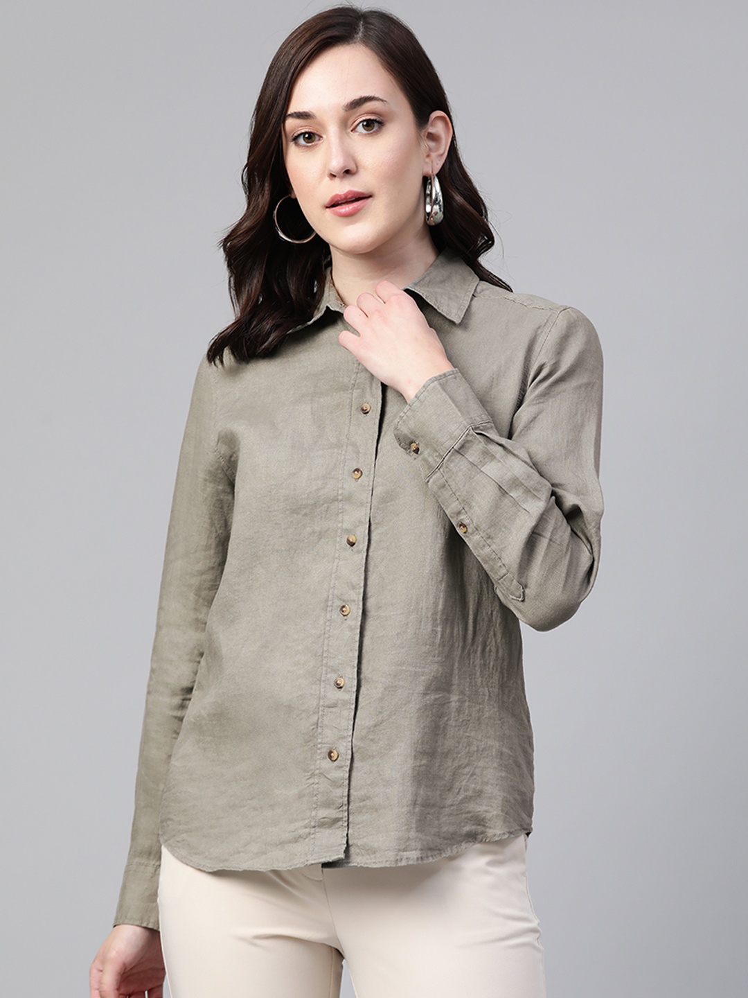 

Marks & Spencer Women Olive Green Linen Casual Shirt