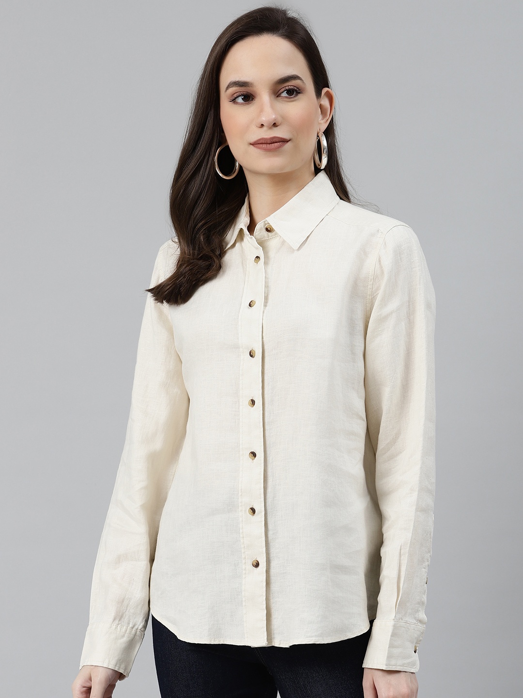 

Marks & Spencer Women Off-Beige Solid Linen Regular Fit Shirt, Off white