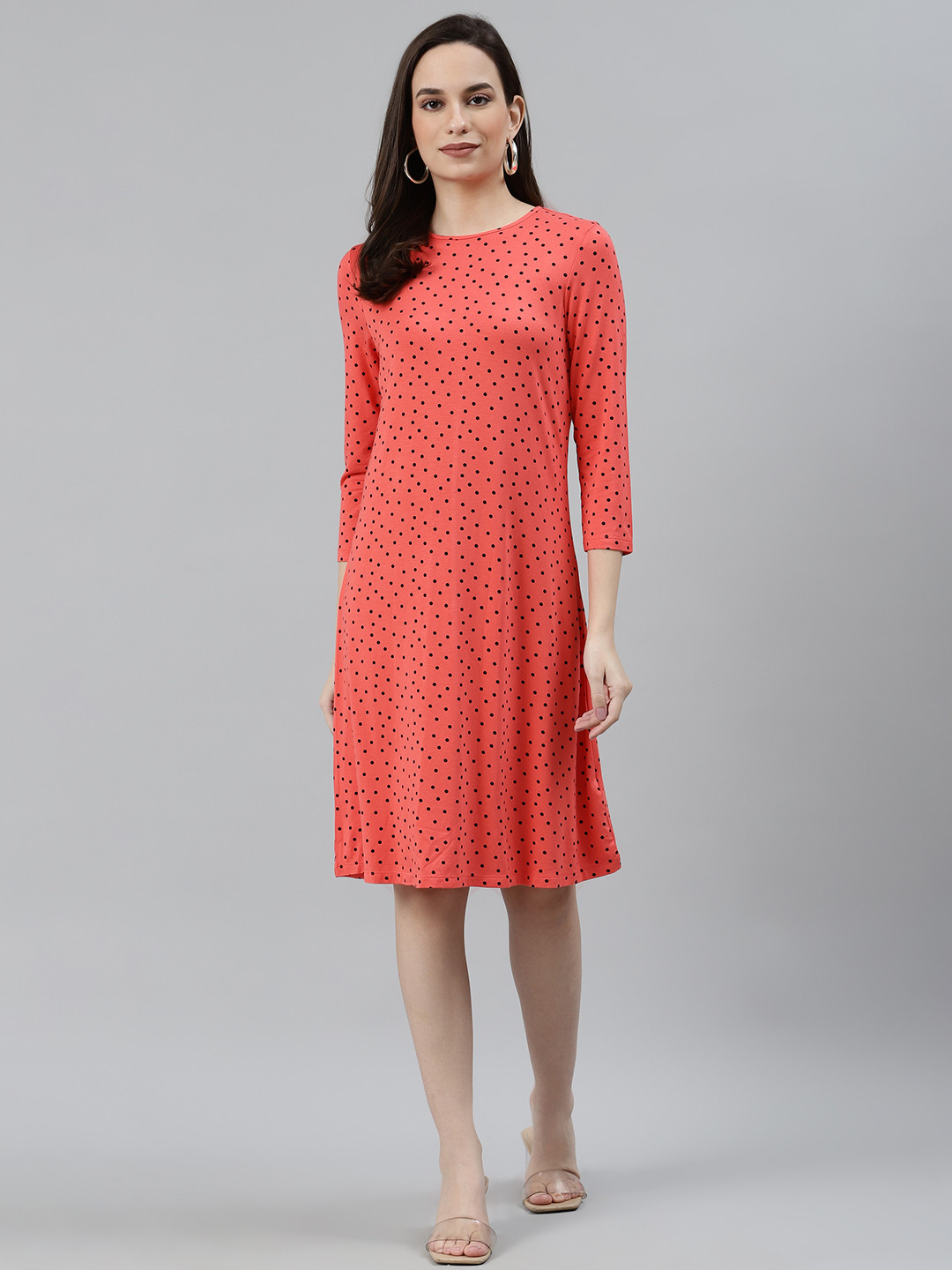 

Marks & Spencer Women Coral Orange & Black Polka Dot Print A-Line Dress