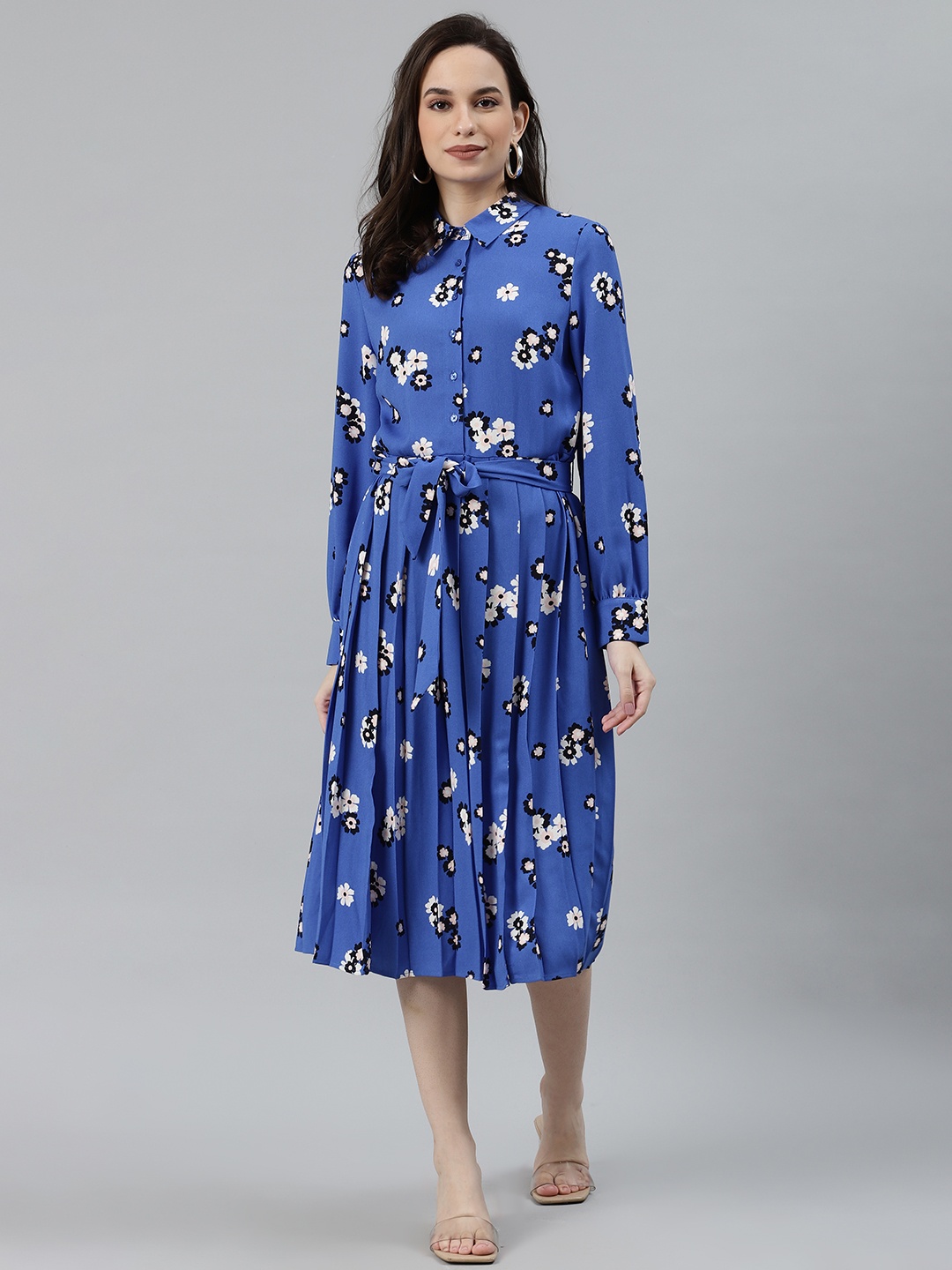 

Marks & Spencer Women Blue & White Floral Print Shirt Dress with Belt