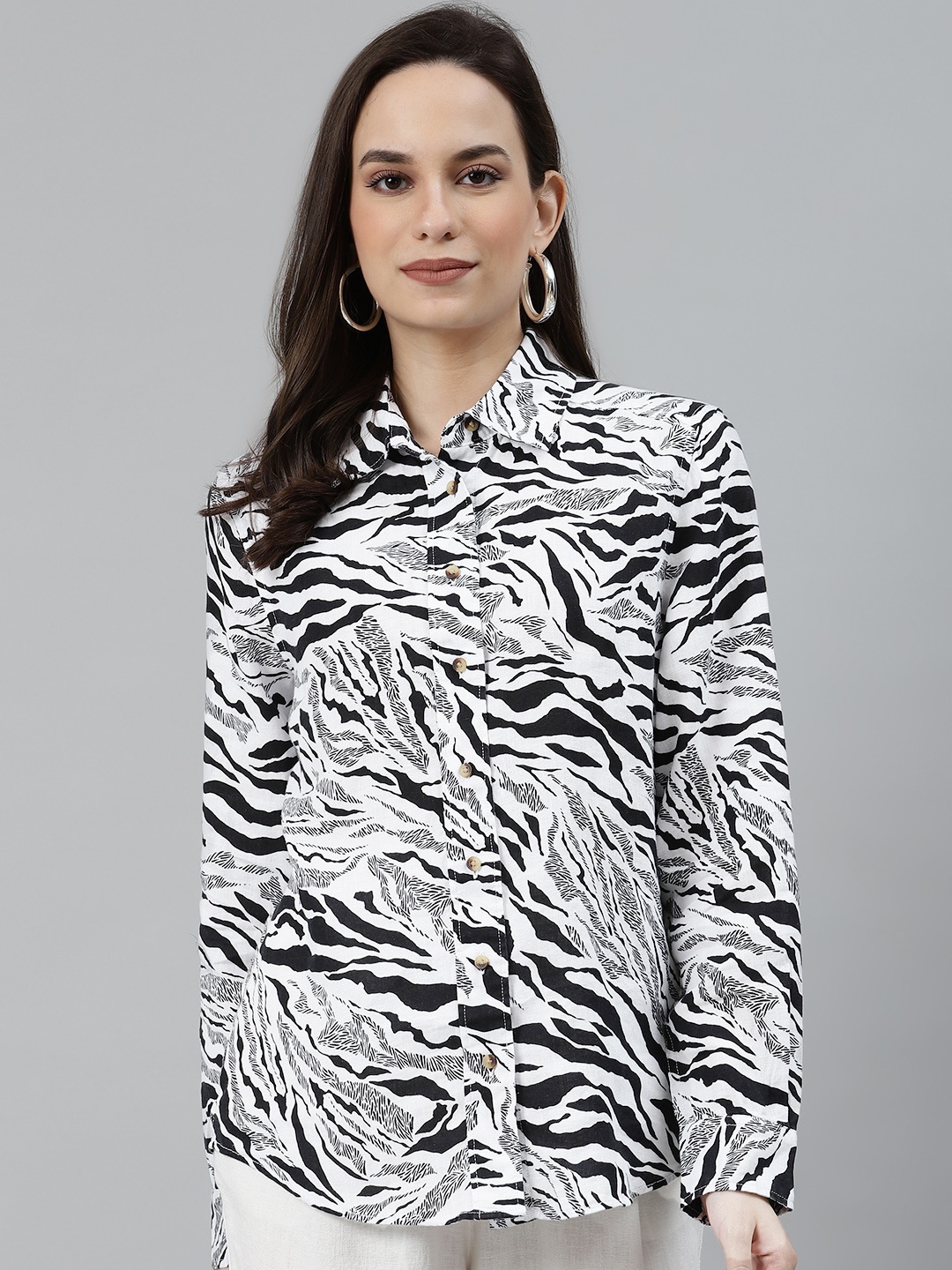 

Marks & Spencer Women White & Black Zebra Print Linen Casual Shirt