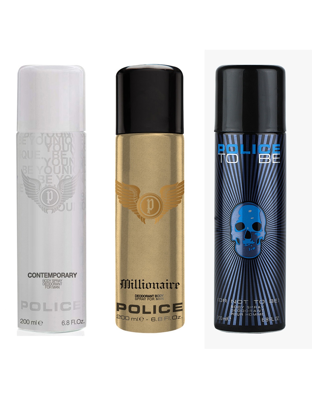 

Police Men Pack of 3 To Be Man - Millionaire - Contemporary Deodorant Sprays - 200ml each, Blue