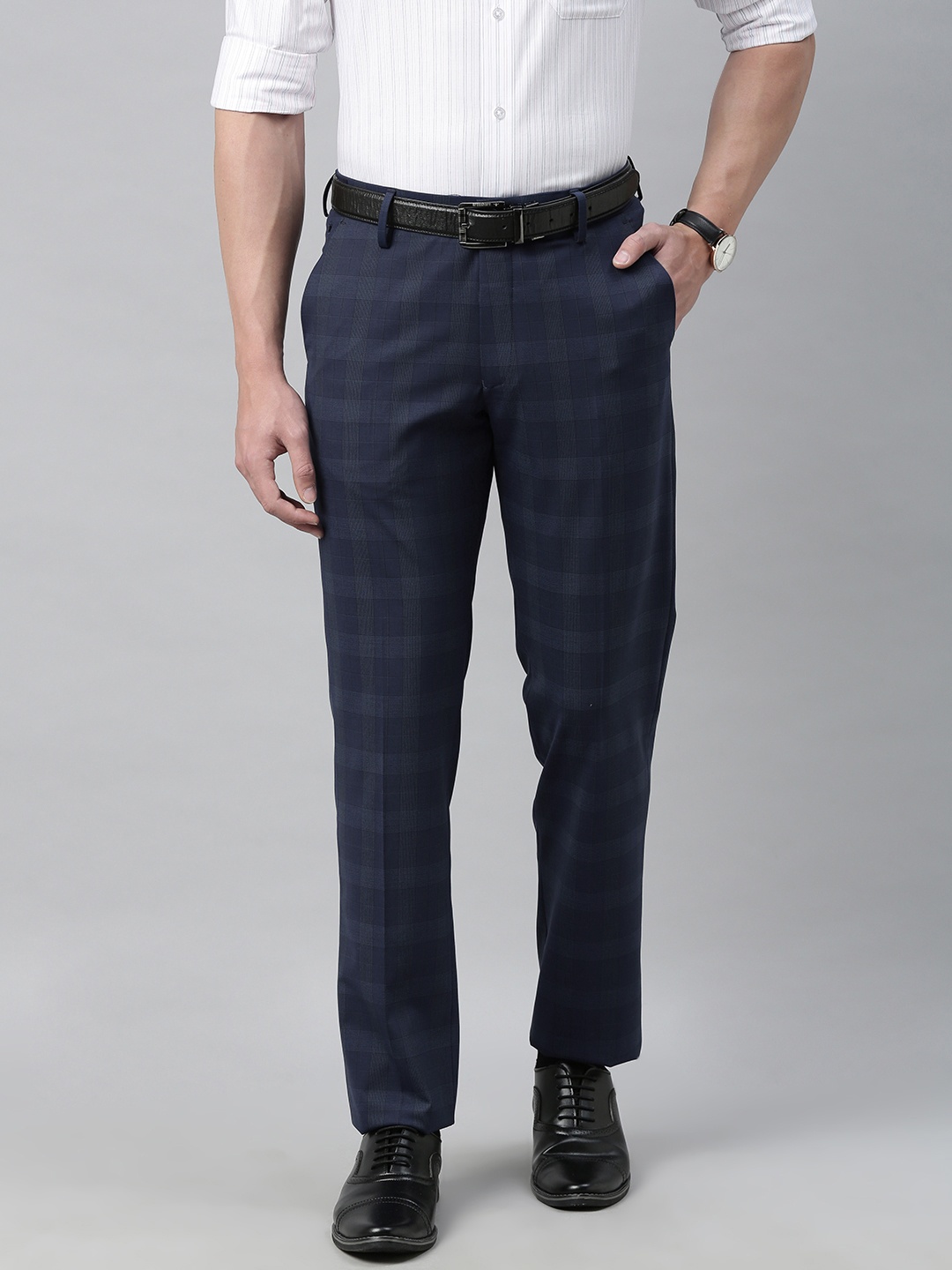 

Louis Philippe Men Navy Blue Slim Fit Checked Formal Trousers
