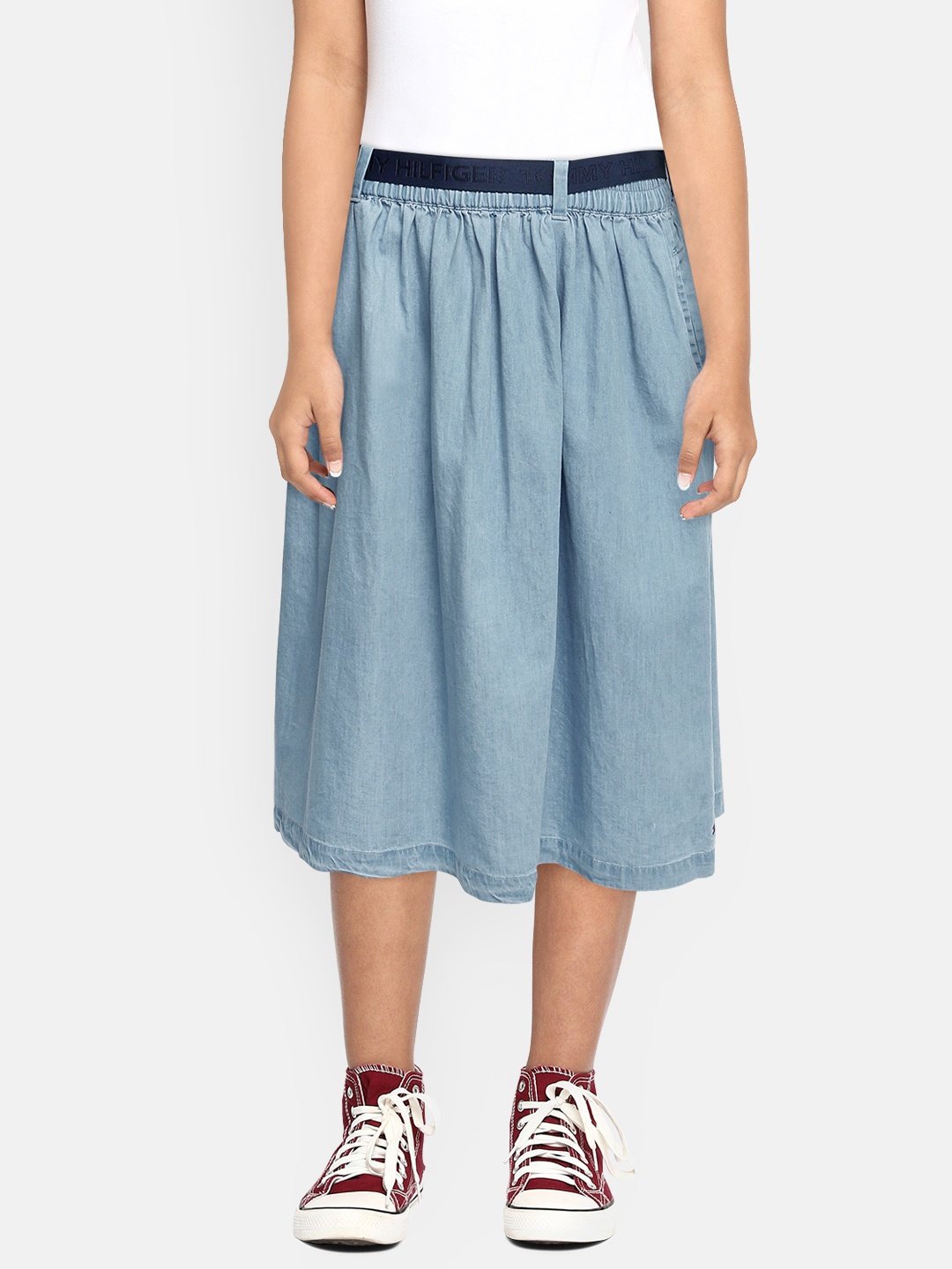 

Tommy Hilfiger Girls Blue Washed Lightweight Denim Pure Cotton Flared Skirt